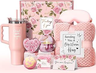Birthday Gifts for Women Self Care Gifts Get Well Soon Gifts, Rose Relaxing Spa Gifts Basket Care Package w/ Luxury Flannel Blanket 40 oz Tumbler, Mothers Day Gifts for Mom Her Wife Girlfriend Sister