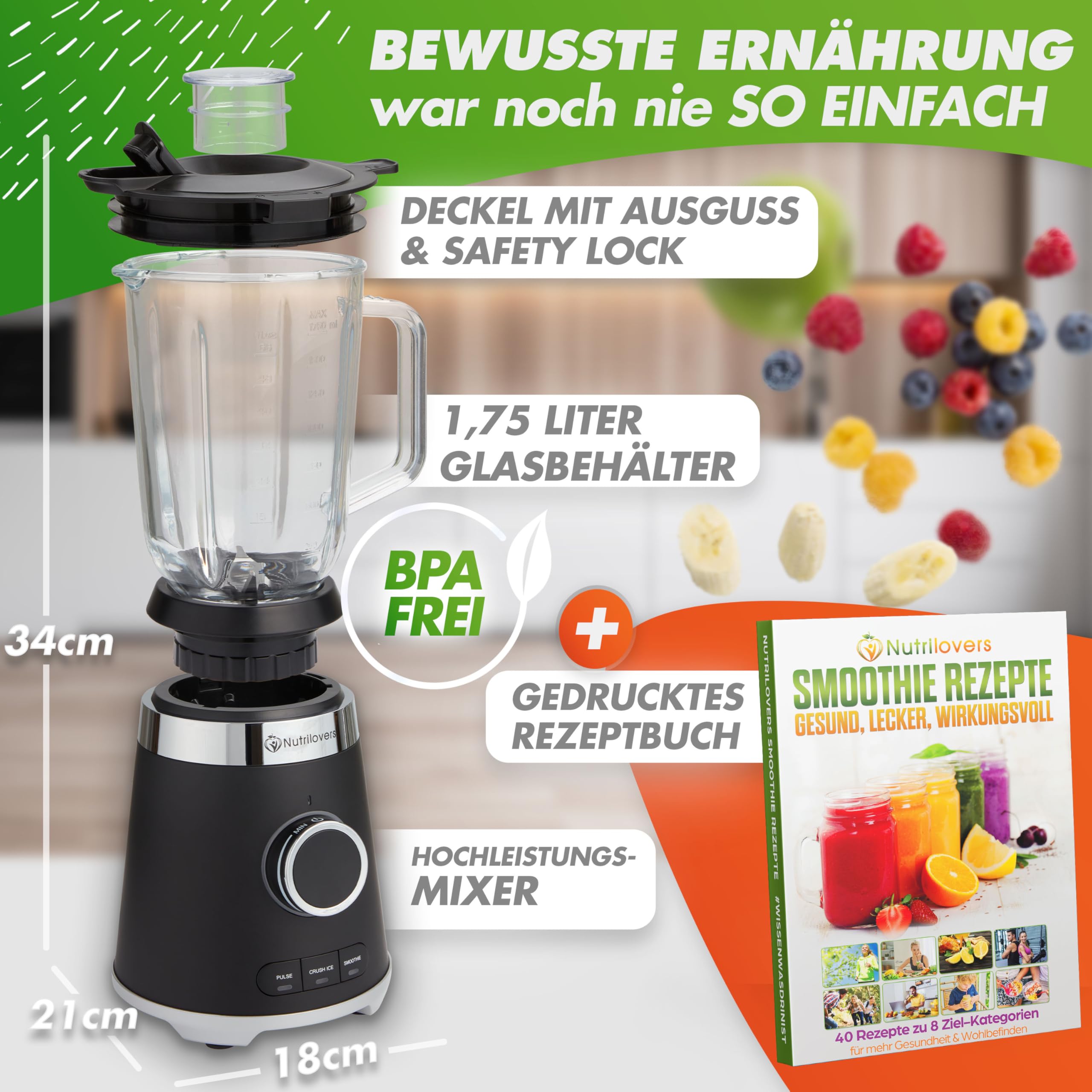 NUTRI-BLENDER GLAS mikser stojący o wysokiej wydajności, 1300 W, mikser do smoothie, profesjonalny blender, szklany pojemnik 1,75 l, obudowa ze stali nierdzewnej, 4 ostrza, nie zawiera BPA, cichy