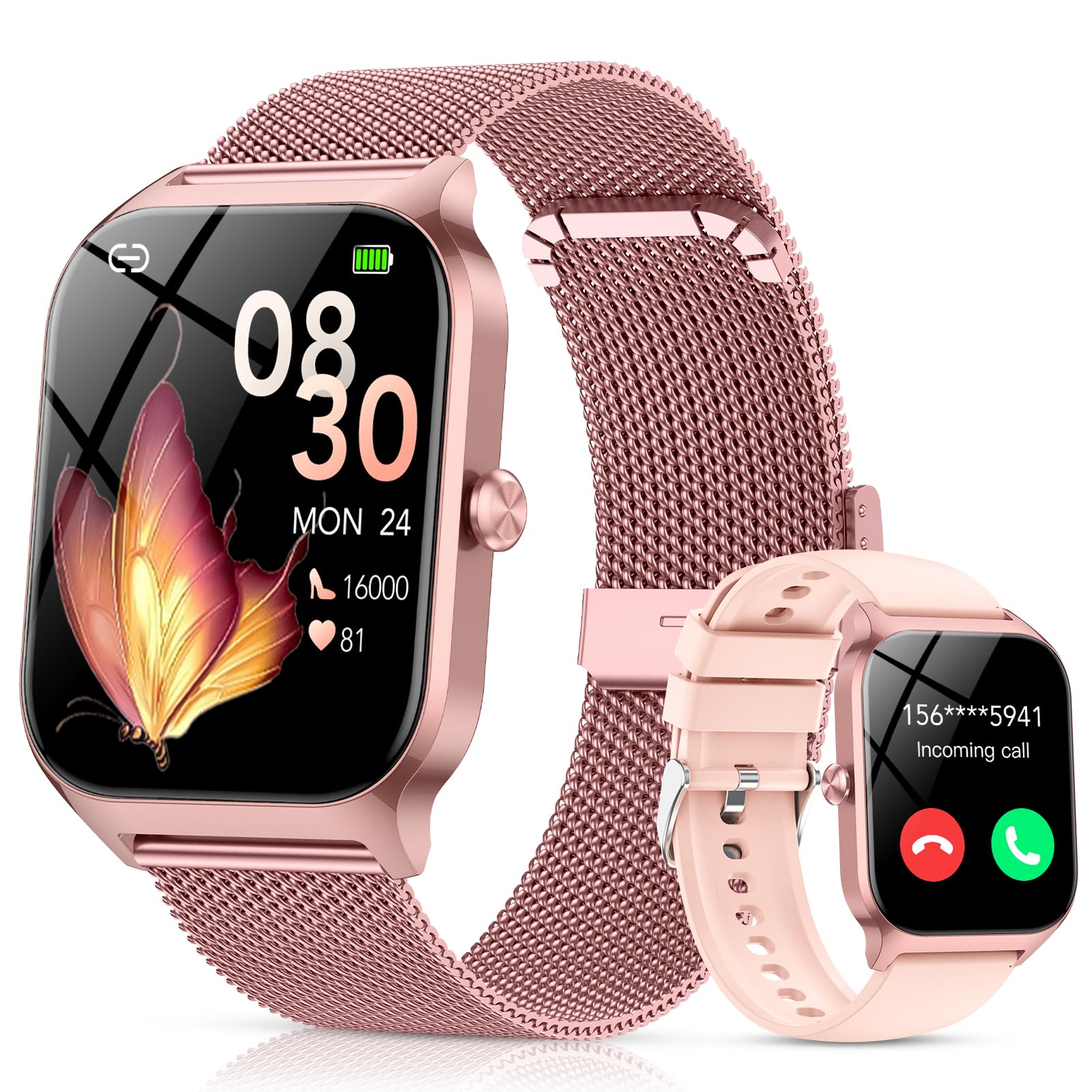 CASCHO Smartwatch Donna,1.85" HD Orologio Smartwatch con Chiamate Bluetooth e Assistente Vocale AI,120+ Sportive con Contapassi/Sonno/Cardiofrequenzimetro, Smart Watch per iOS Android, 2 Cinturini