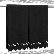 Hahafelt 2 Pcs Scalloped Hand Towels 100% Cotton Fingertip Towels for Bathroom 15.75 x 27.56 Inch 600 GSM Cute Soft Absorbent Embroidered Decorative for Home HotelBlack and White,Classic