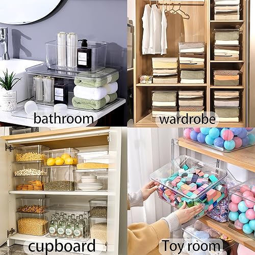 Lidded Plastic Storage Bins Set Clear Desk Basket Box Organizer Kitchen Container Clothes Laundry Closet Cabinet Shelf, Organization and Storage for Shelves Office Bathroom(clear 3XL+2M)(clear 3XL+2M)