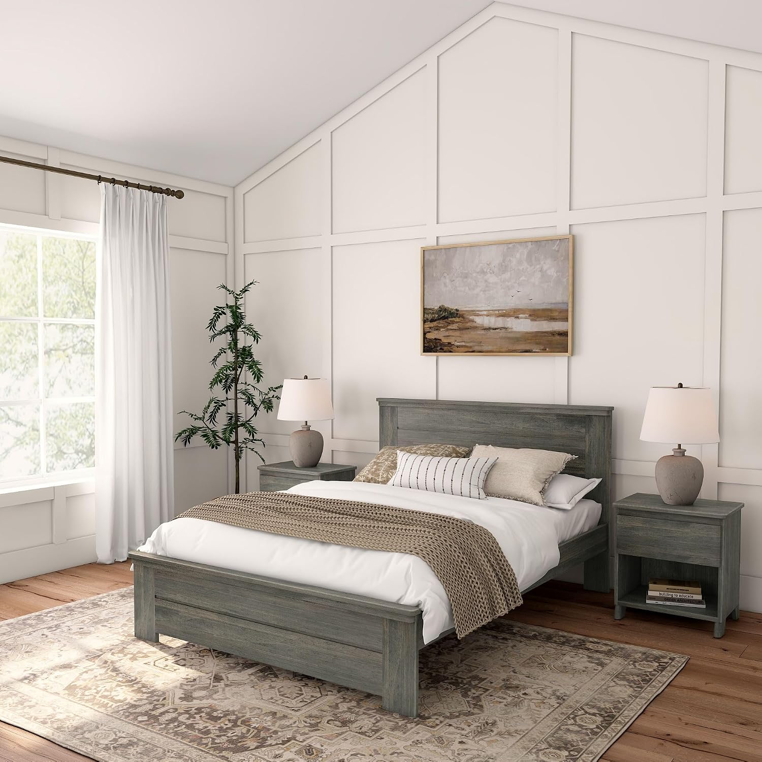 Max & Lily Modern Farmhouse Queen Bed with Panel Headboard, Solid New Zealand Pine Wood Platform Bed, Driftwood Finish