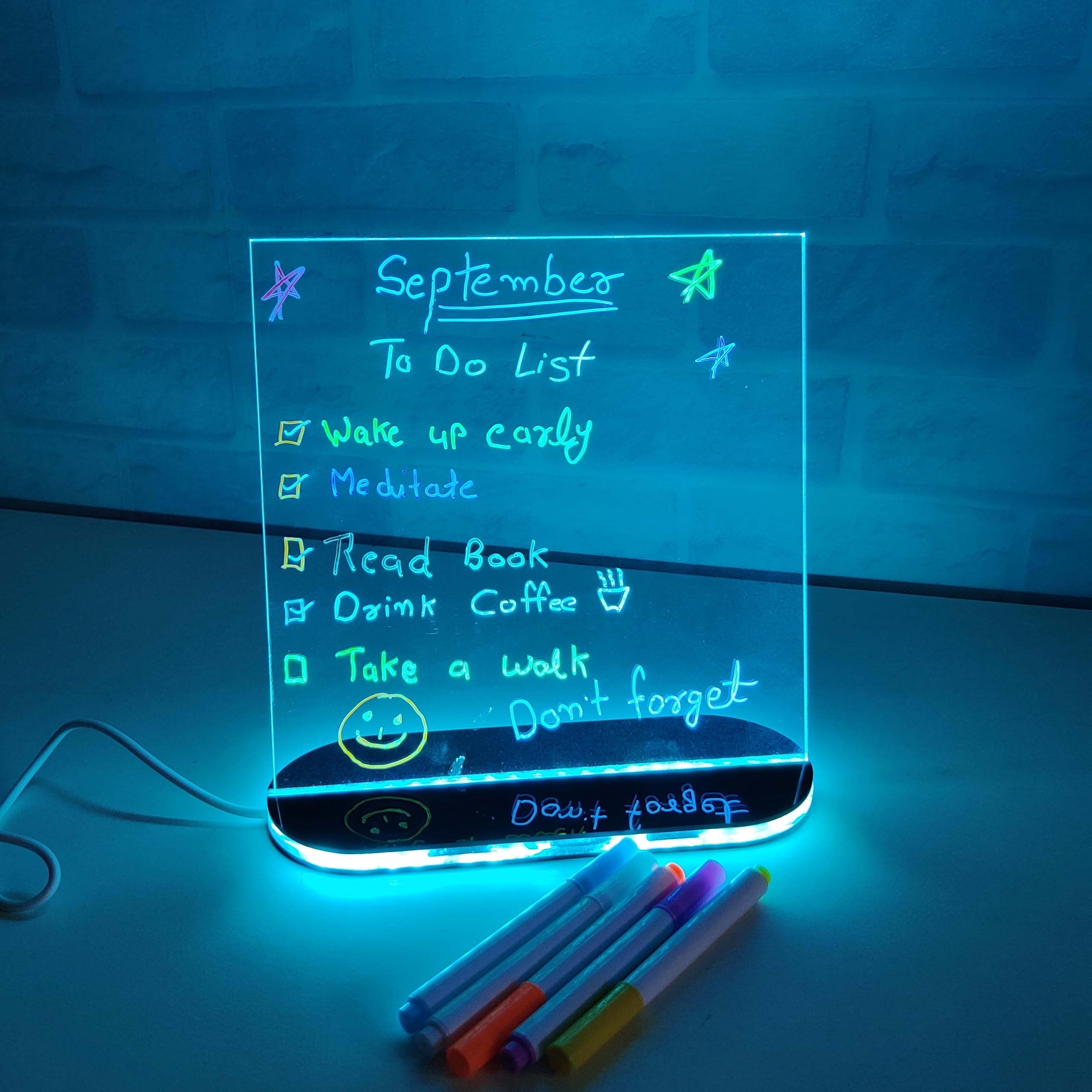 Zesta 3D Rewritable LED Acrylic Message Board | USB Powered Desk Noteboard with 12 Glowing Markers | Cute Stationery Items and Light Up Gadgets (20X20 Cms, Sky Blue)