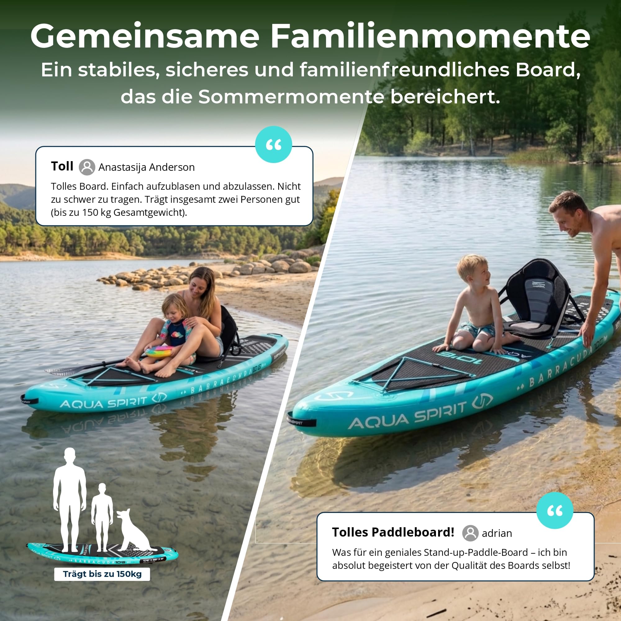 Aqua Spirit Sup Board mit Sitz | Kajak Aufblasbar Barracuda Stand Up Paddling Board 320x81x15cm Für Standup Paddle Board bis 150KG mit Sup Sitz, Doppelpaddel, Pumpe, Tasche & Zubehör Sup Set