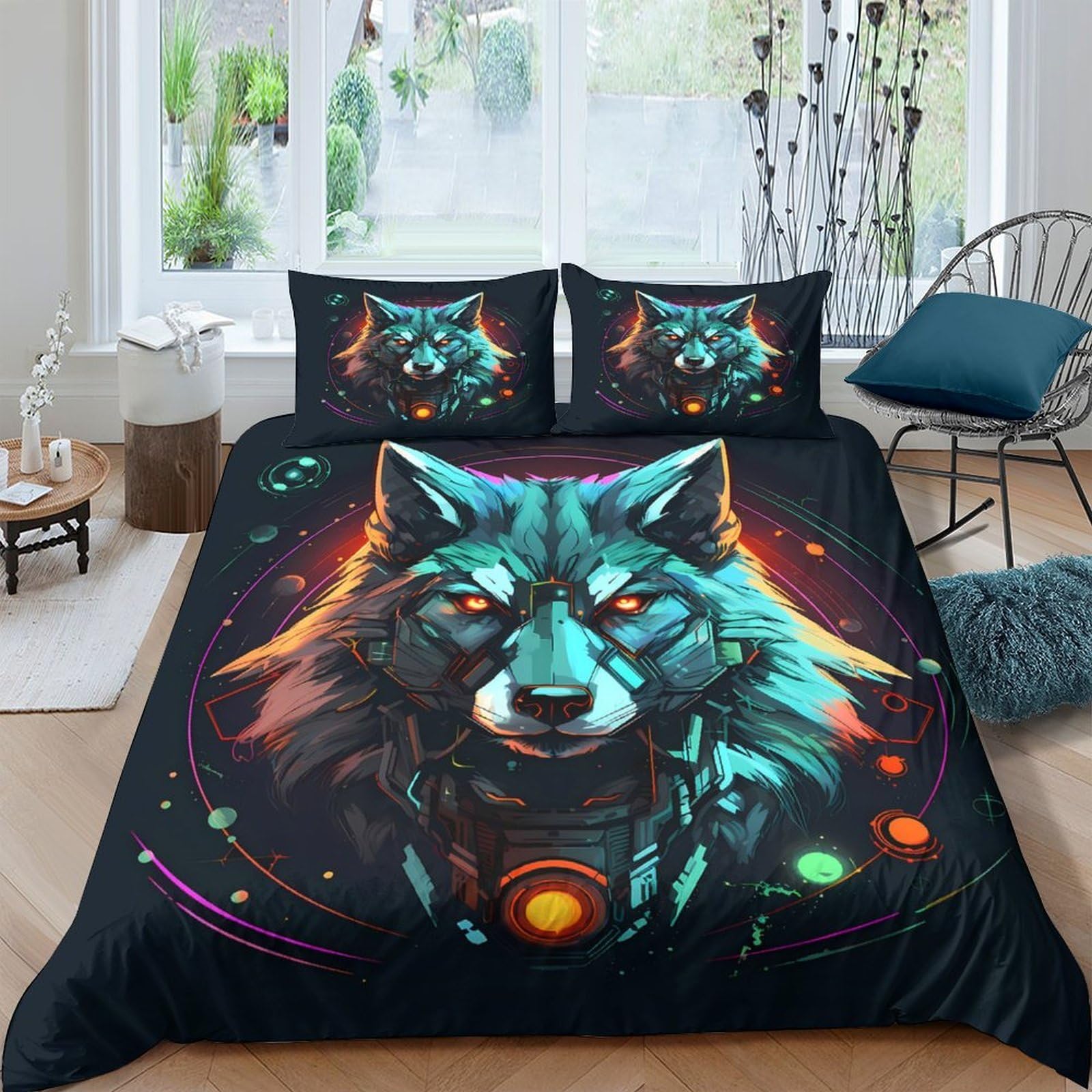 Ctjqhvkz Style-9 3D Printed Neon Wolf Fitted Sheet Microfiber Soft Breathable Galaxy Bed Cover For Bedroom Dorm Mattress Protection Decor Single（135X200cm）