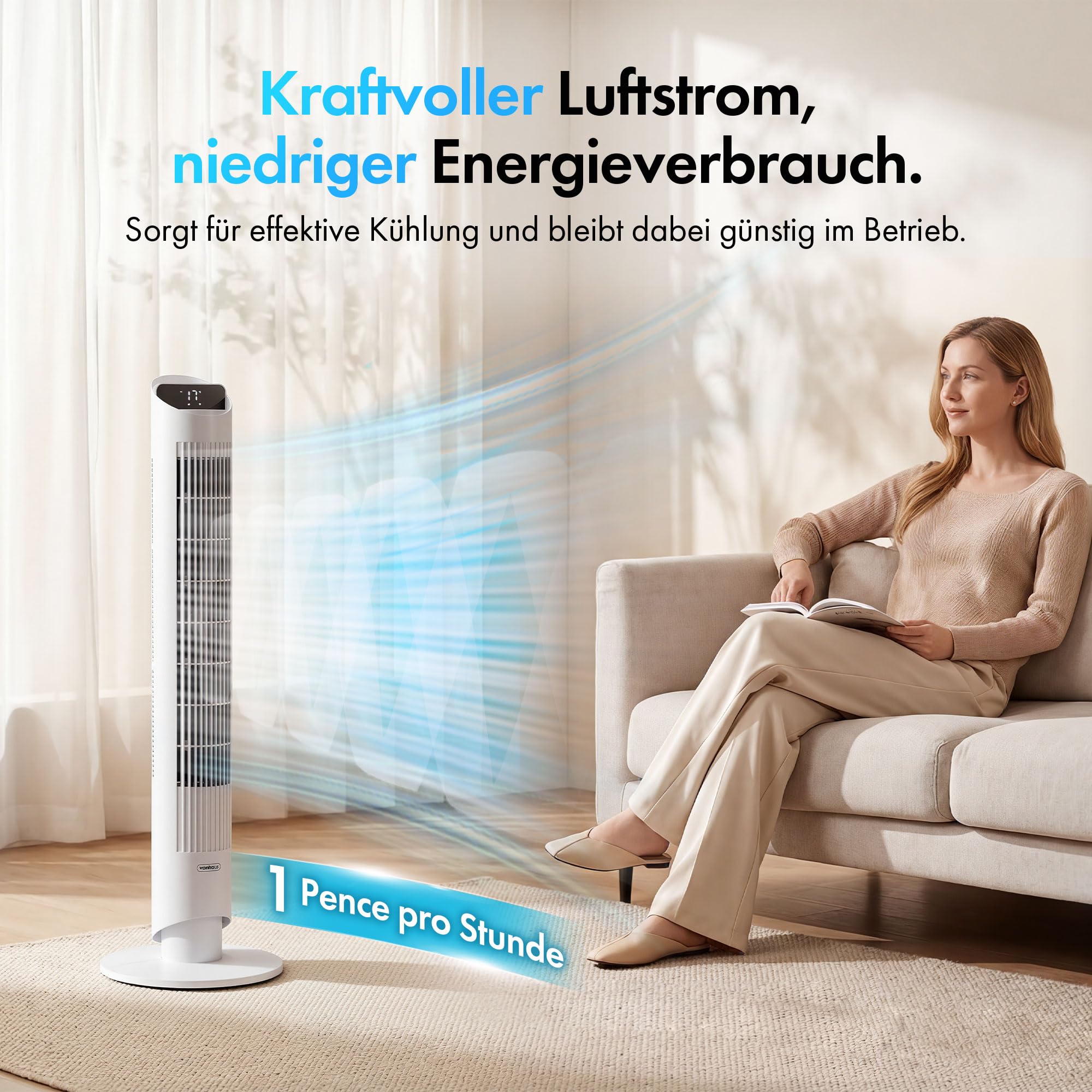 VonHaus Turmventilator 102 cm, Elektrischer Standventilator mit WiFi, Smart Steuerung Alexa/Google Home, Fernbedienung, 12H Timer, 70° Oszillation