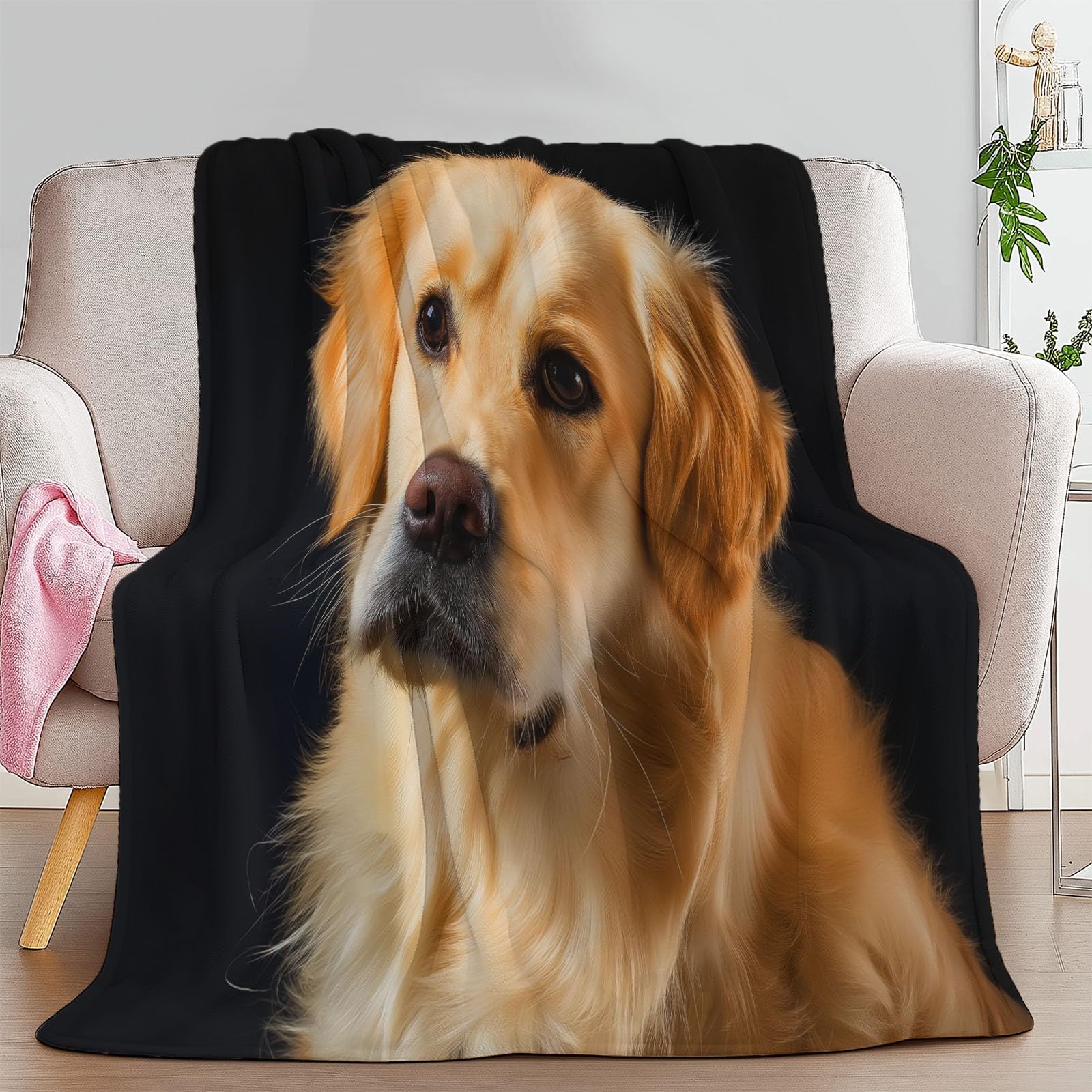 Miękki profesjonalny koc sherpa, 180 x 200 cm, dla dzieci i dorosłych, zwierzę, portret Golden Retriever, flanelowa, hipoalergiczna, ciepła narzuta na łóżko, na krzesło, do salonu, 180 x 200 cm