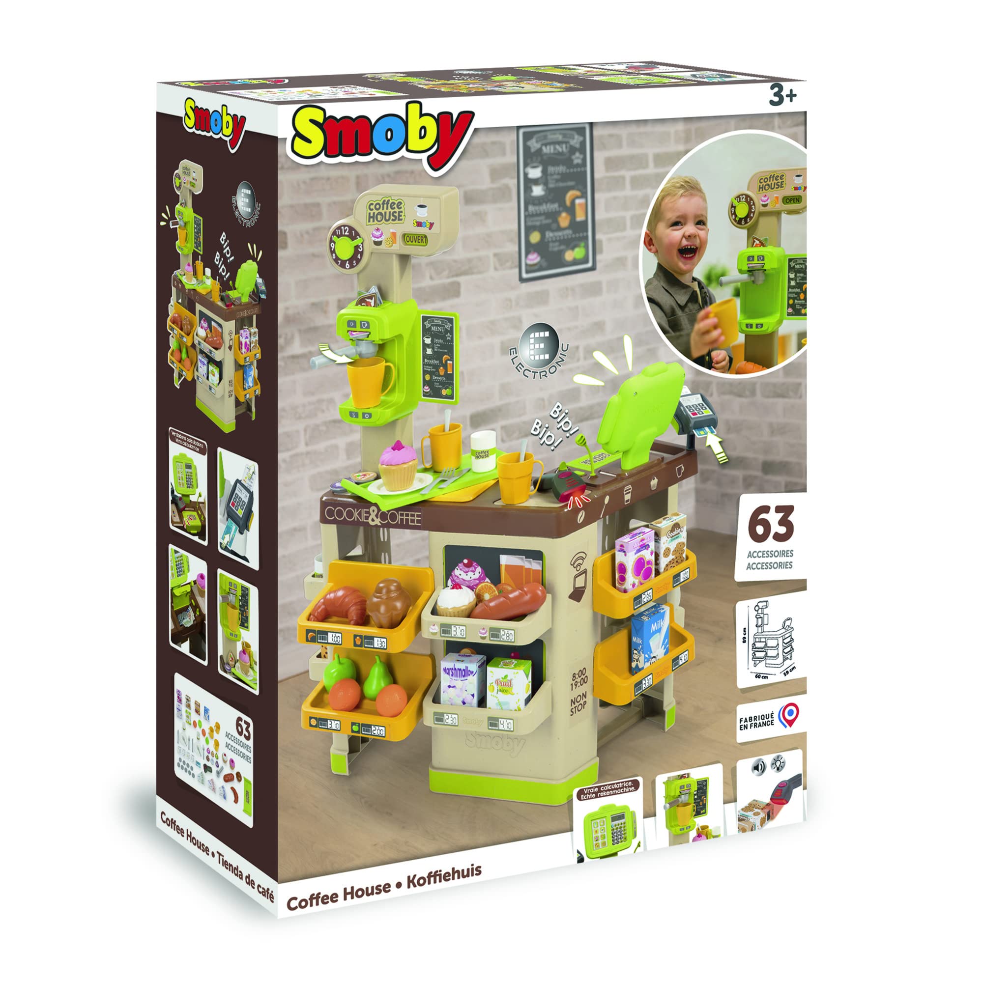 Smoby - Roleplay Coffee House, 7600350232, +3 Anni, 57 Accessori, Macchina del caffè, Registratore di Cassa, H. 89 Cm