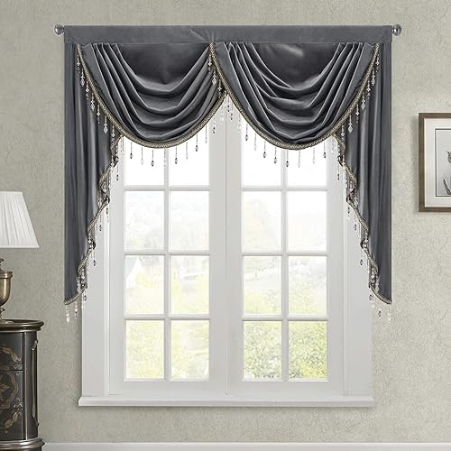 StangH Cortinas de terciopelo con cenefa de cascada para dormitorio, cenefas de privacidad con bolsillo para barra dorada cálida con borlas de