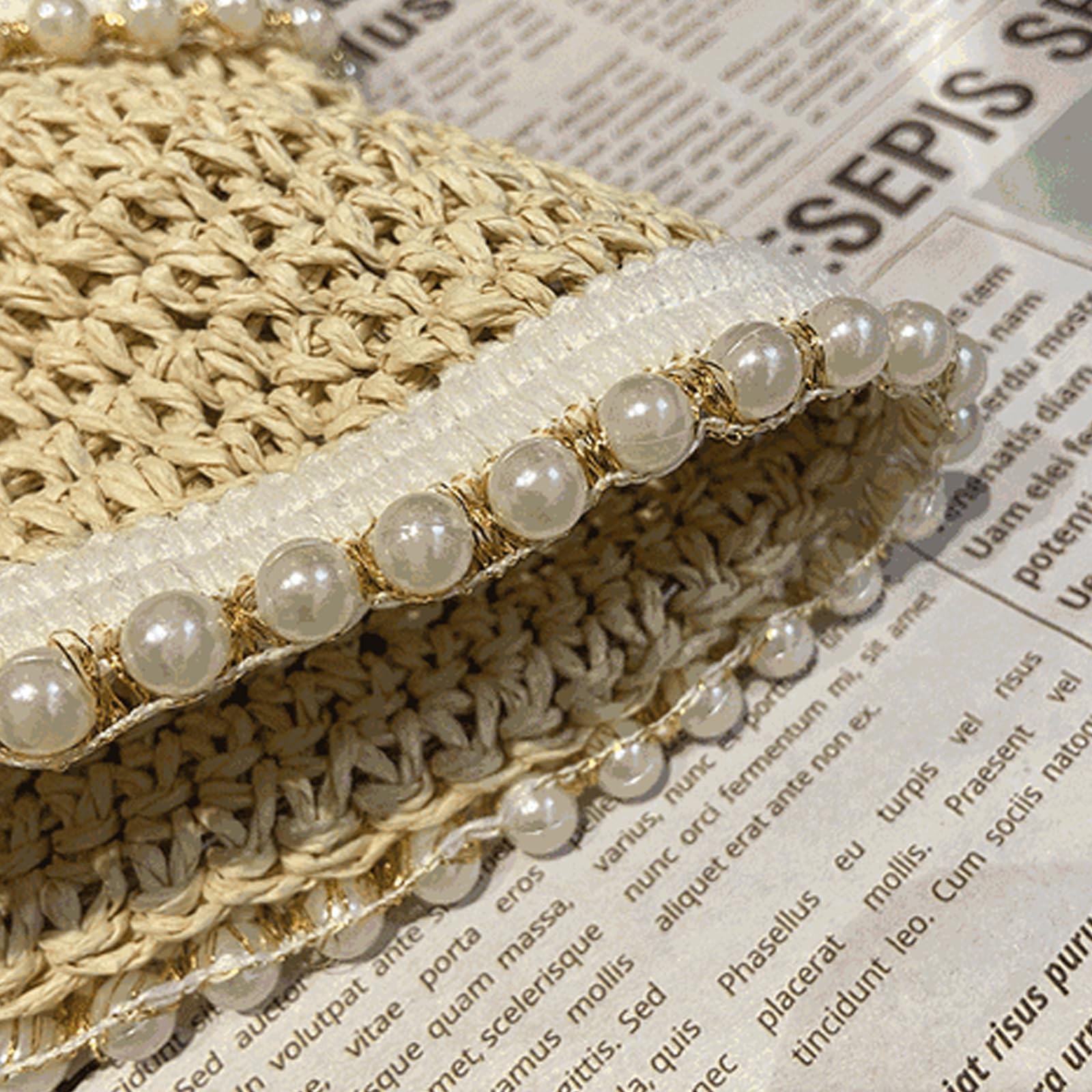 YUONNY Cappello di Paglia con Perline, Cappello da Sole, Cappello Boater con Protezione Solare, Cappello da Spiaggia E da Viaggio da Donna,Beige,Children's 52 cm