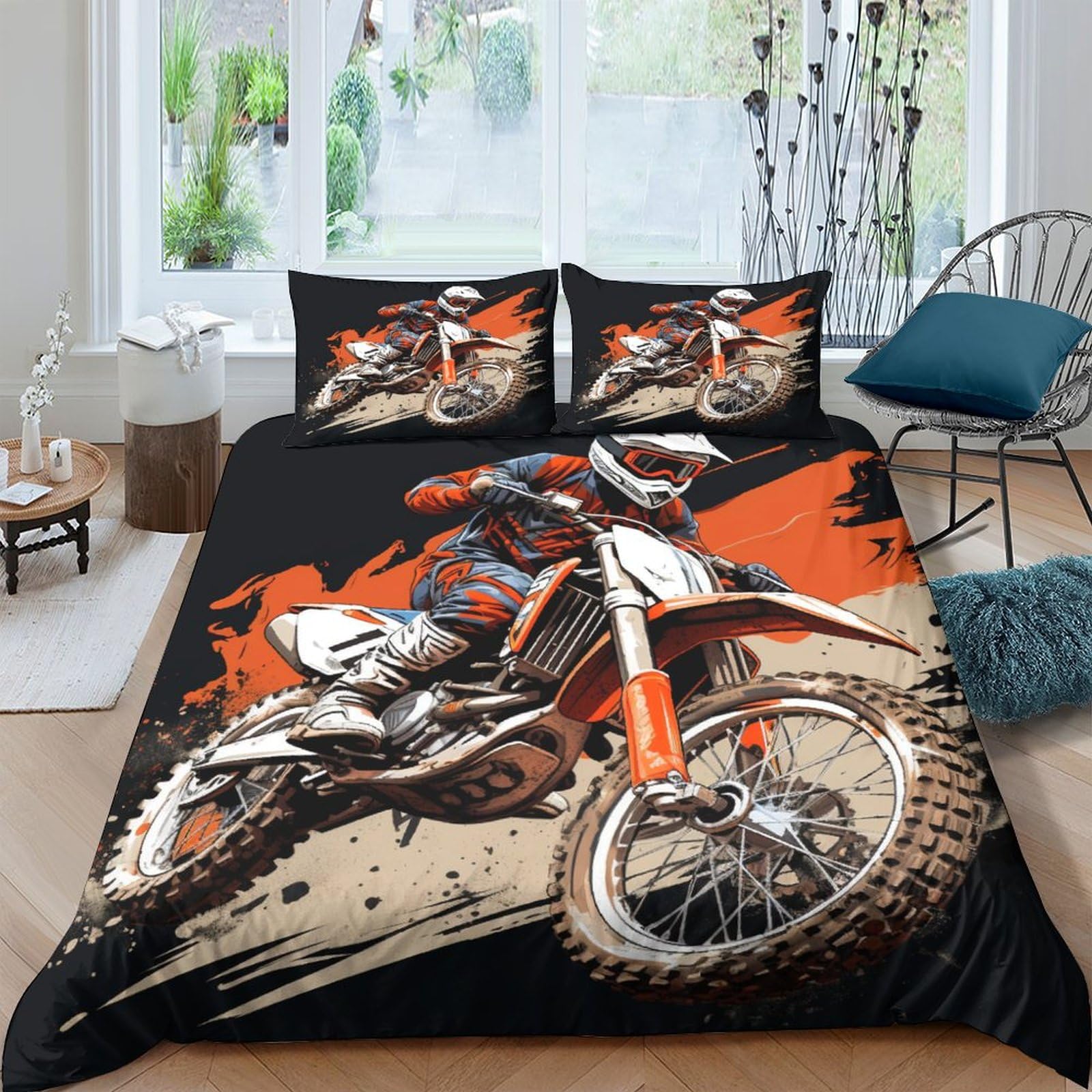 Housse de couette microfibre ultra douce motif moto 200x200 cm hypoallergénique