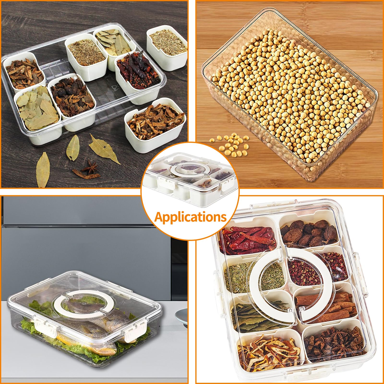 TocaFeank Contenitore per snack con scomparti | Snack da viaggio per aereo | Vassoio da portata multiuso diviso con coperchio e manico | Contenitore per scatole per snack e alimenti per casa
