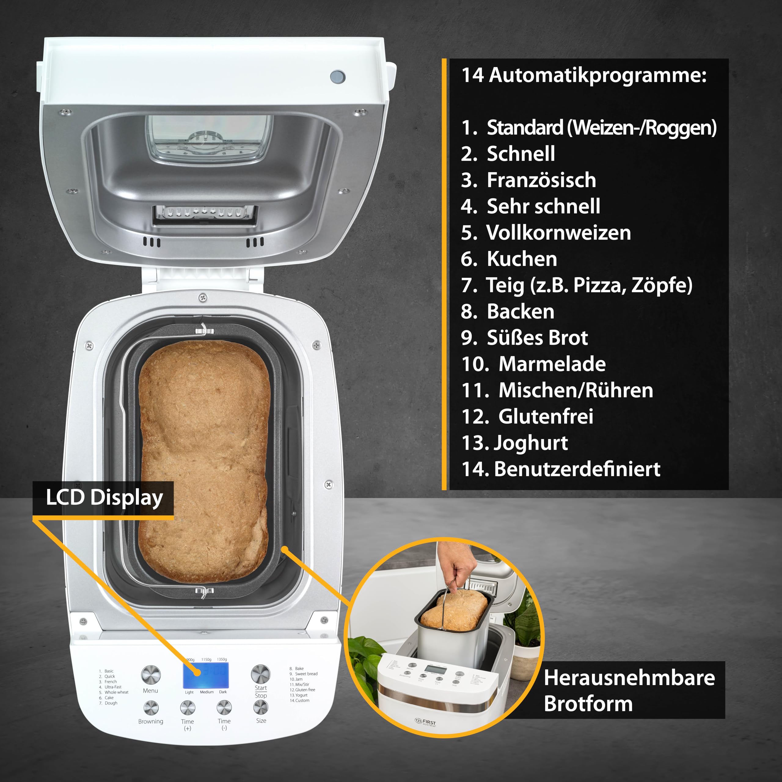 TZS First Austria - Brotbackautomat 850W - Teigmenge 900g und 1350g - 14 Automatikprogramme - Einstellbare Bräunungsgrade, Timer & Warmhaltefunktion - Automatische Abschaltung