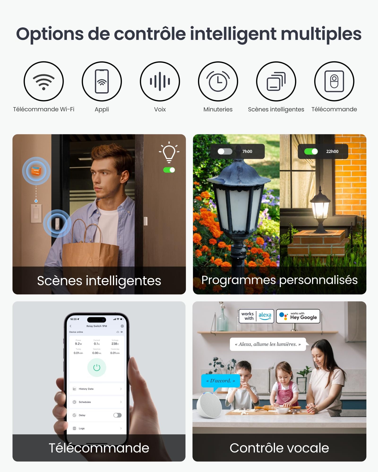 SwitchBot Interrupteur de relais mat 1PM, interrupteur WiFi compatible avec Alexa/Apple Home/Google Home, module de commutation de relais de mesure de la puissance avec répéteur Bluetooth intégré