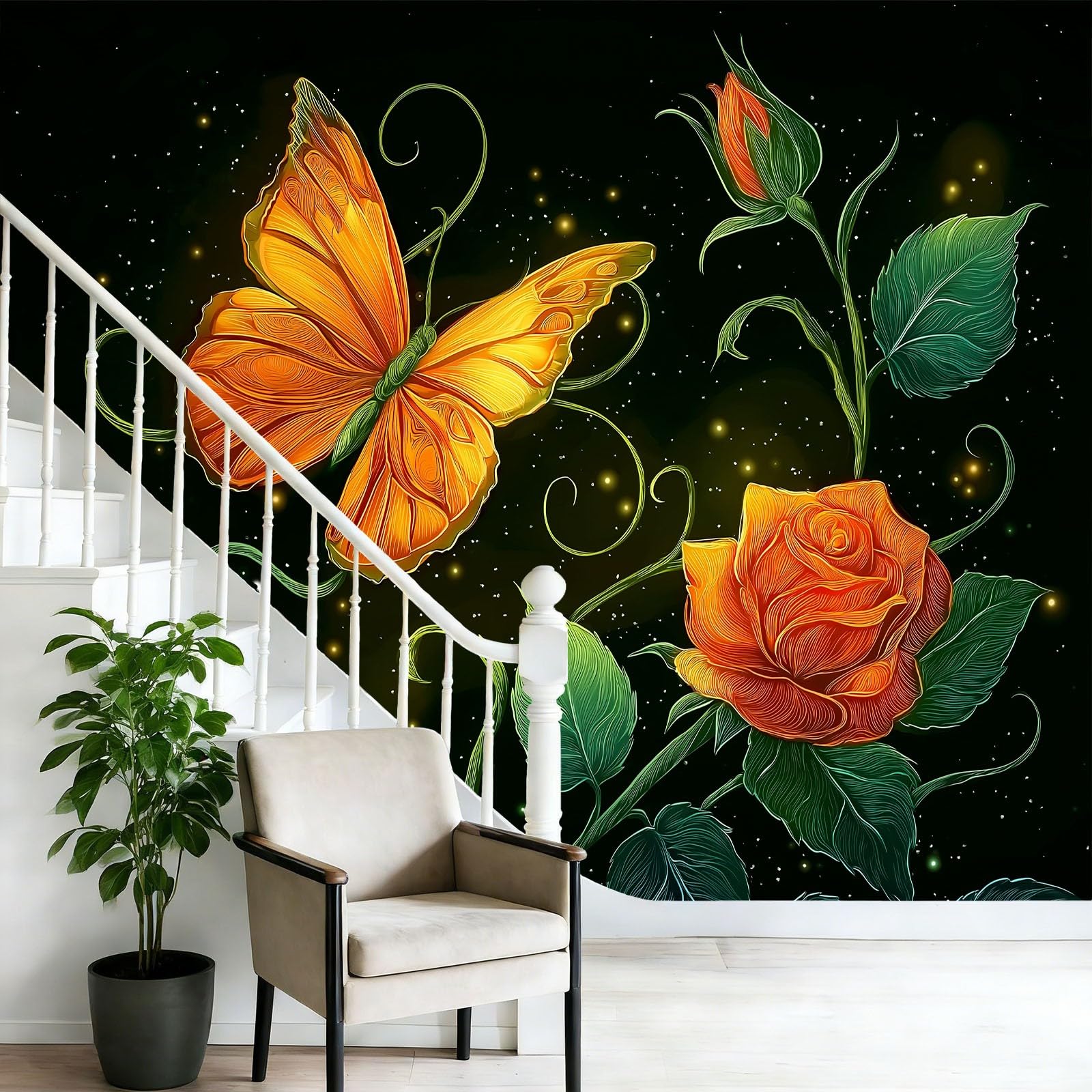Tapeta z motywem 250 x 175 cm, kreskówkowy motyl fantasy, radosna tapeta z motywem do pokoju dziecięcego i kącika do majsterkowania, pomarańczowo-zielona