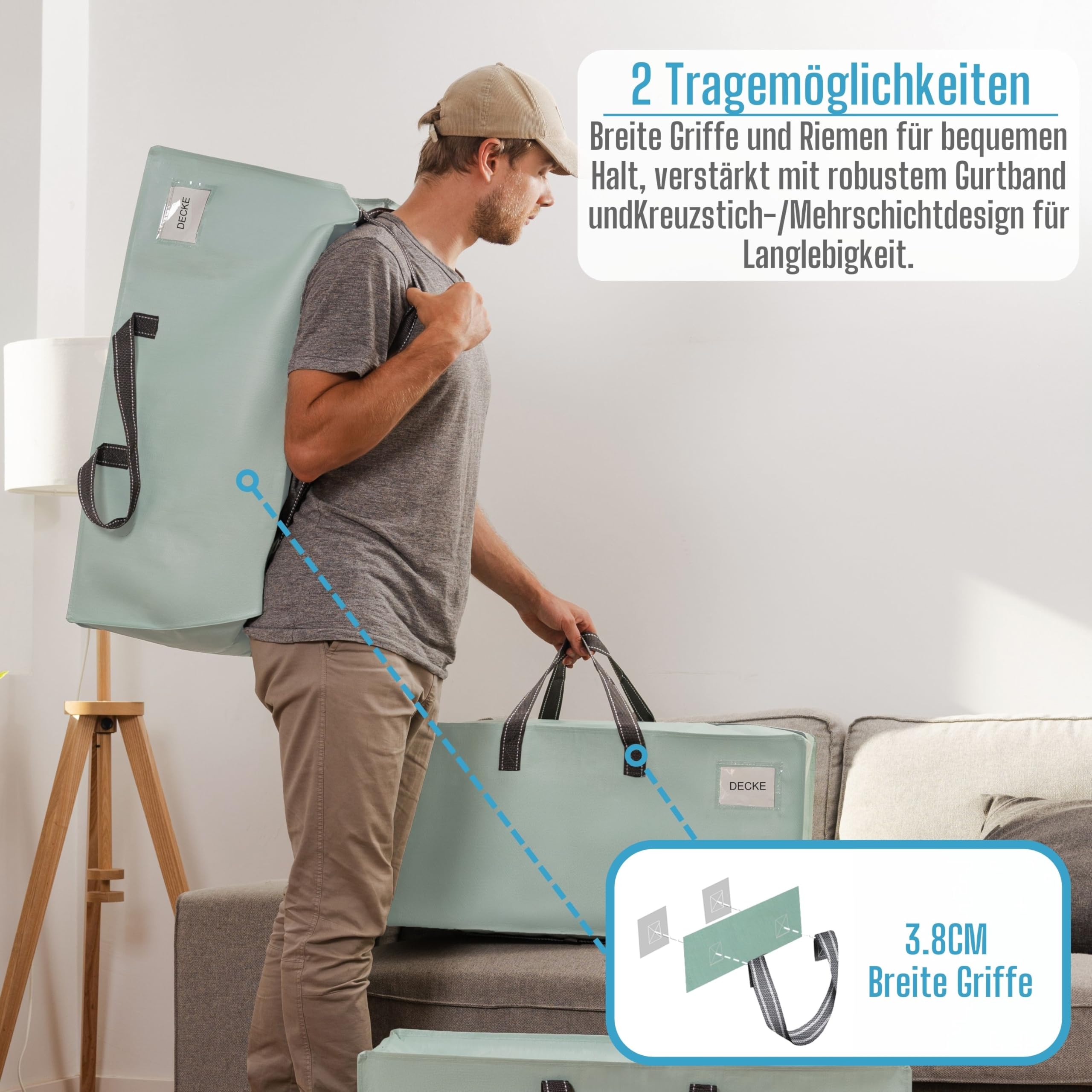 VENO 87 Liter extra große Umzugstaschen mit Rucksackgurten, Umzugshelfer, starke Griffe und Reißverschlüsse, Kleideraufbewahrung, Wäschesäcke, wiederverwendbar und nachhaltig (Hellgrün, 4er-Pack)