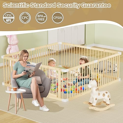 Miniatura 4 de Corralito grande de madera para bebés, puerta ajustable para niños pequeños y bebés, patio de juegos plegable con puerta, área de juego segura para