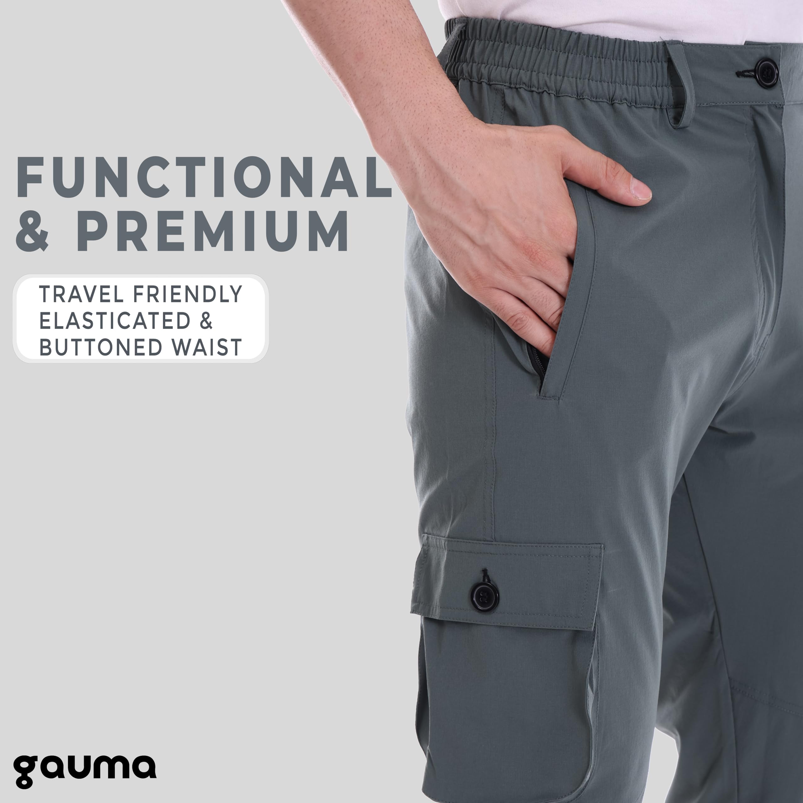 gauma Regular Fit Nylon Terry Cargos Lower with Zipper and Buttoned Leg Summer Cargo Pants for Men Gym Sports Travel Multipurpose Stylish Trendy Cargos Trousers (Black-X-Large) 2