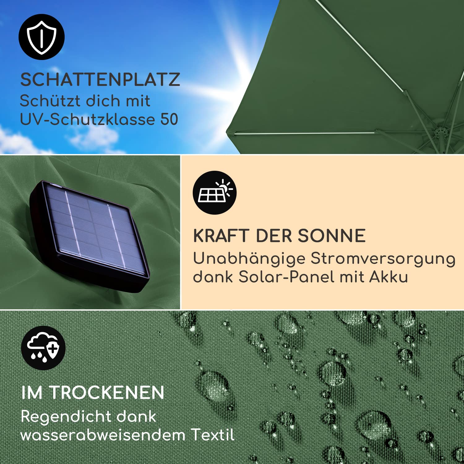 blumfeldt Calais Sonnenschirm, 300 cm x 265 cm höhenverstellbarer und faltbarer Gartenschirm mit Solar-LED-Beleuchtung und UV-Schutz Wasserdichter Sonnenschutz für Balkon, Terrasse und Gartenschirm