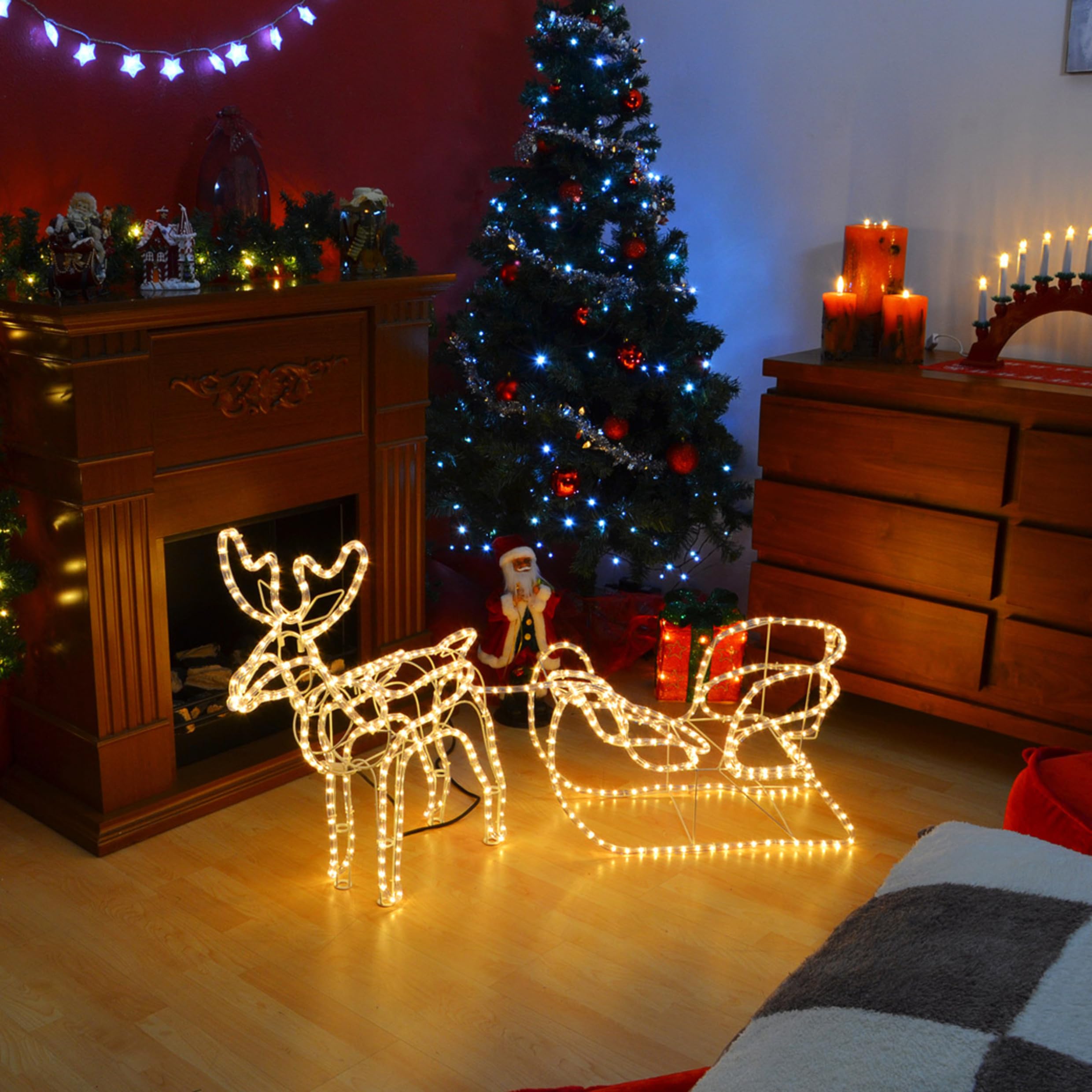 Rentier mit Schlitten aus 14 m Lichterschlauch 336 LED Figur Weihnachtsbeleuchtung 140 cm Länge Leuchtfigur Weihnachtsdekoration Fassadendeko Xmas (336 LED)