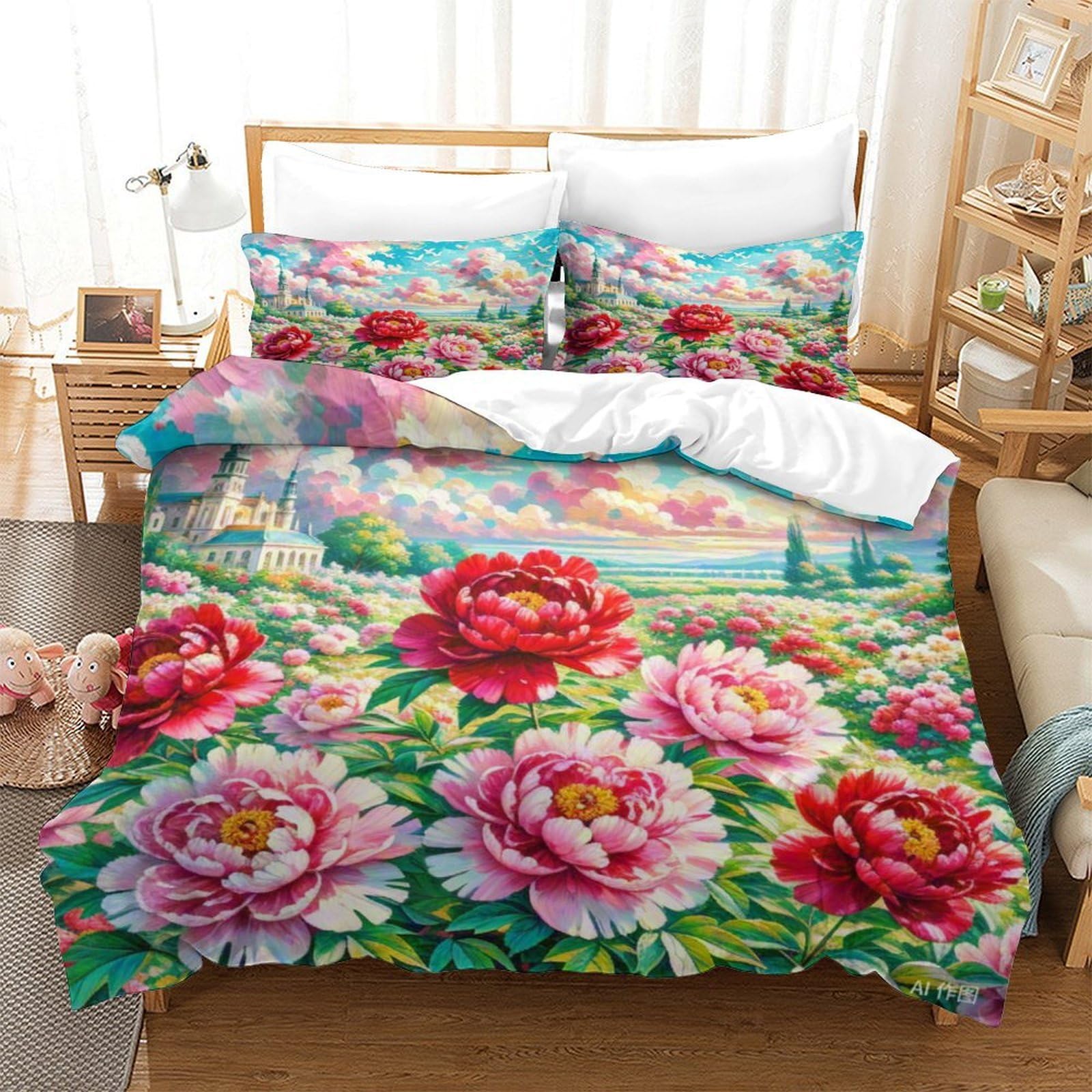 Housse de couette pivoine 3D Super King 260x220cm en microfibre douce avec taie