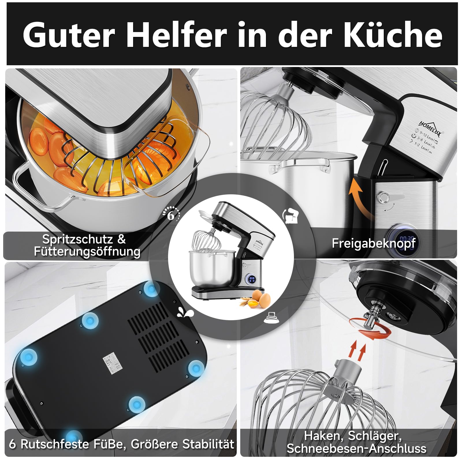 HOMELUX Küchenmaschine 2800W, Knetmaschine mit 16 Liter Edelstahl Schüssel, 12 Geschwindigkeitsstufen, LED-Touchscreen, Rührbesen, Knethaken, Schneebesen, Spatel und Spritzschutz, silberfarben