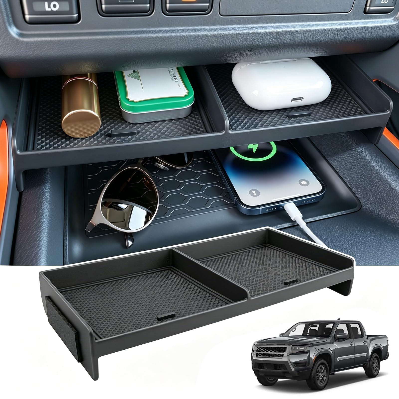 Center Console Organizer Tray for 2022-2026 Nissan Frontier Accessories | Extra Console Divider Storage, Foam Side Pads, Non‑Slip Liner, Anti‑Scratch Easy‑Install for Phone Keys Wallet Sunglasses