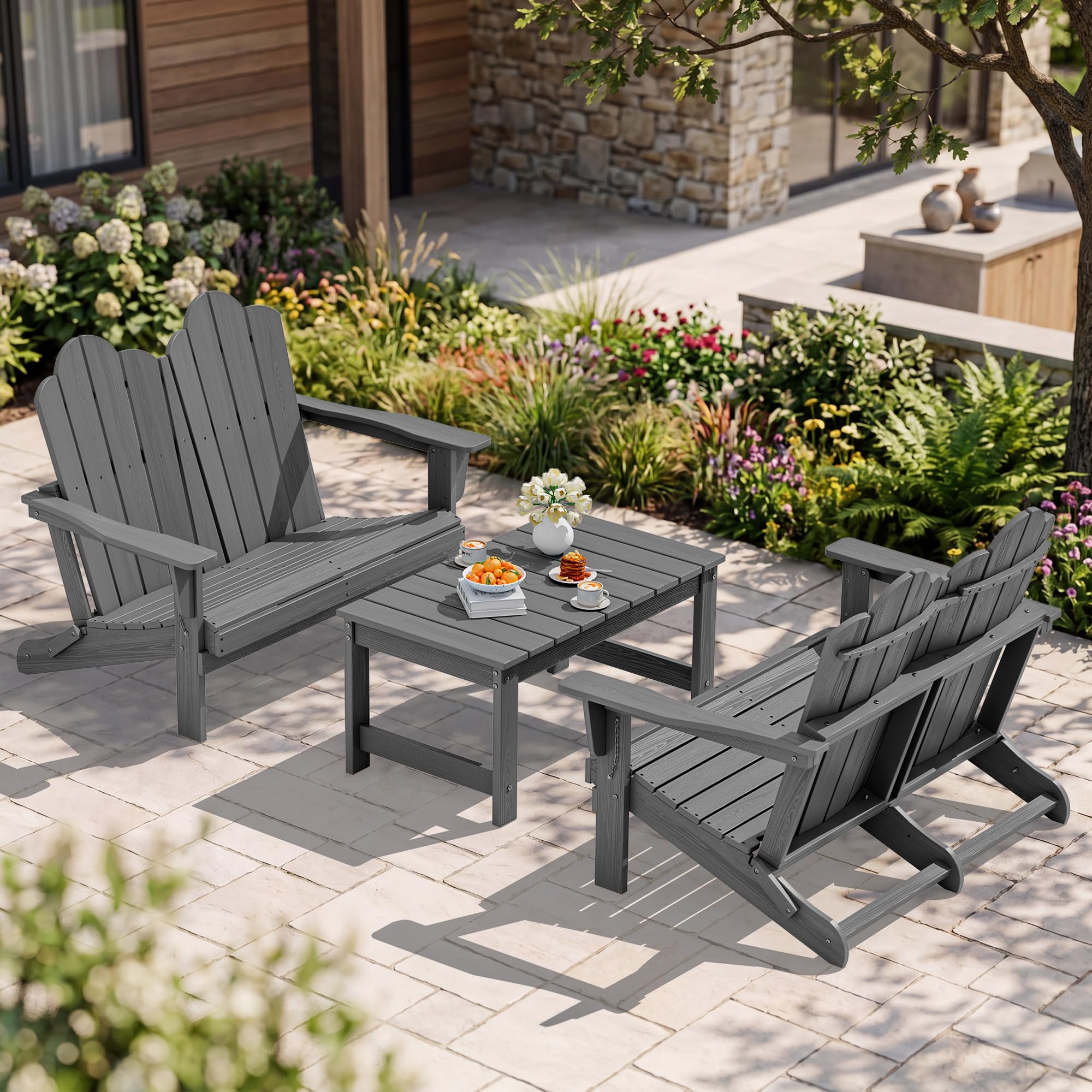 SERWALL 3-Piece Adirondack Bench Set, 2 Benches &amp; 1 Coffee Table, Grey