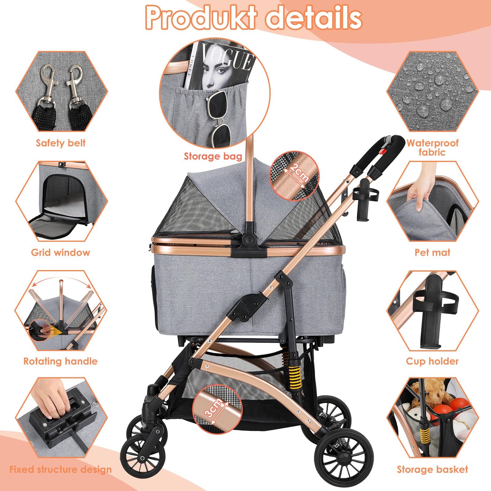 MAMIZO Carro para Perros 3 en 1,Cochecito Plegable con Cesta de Almacenamiento,Ventanas de Malla y Soporte para Bebidas,para Perros y Gatos,hasta 20 kg,4 Ruedas Giratorias 360°,Gris Oscuro