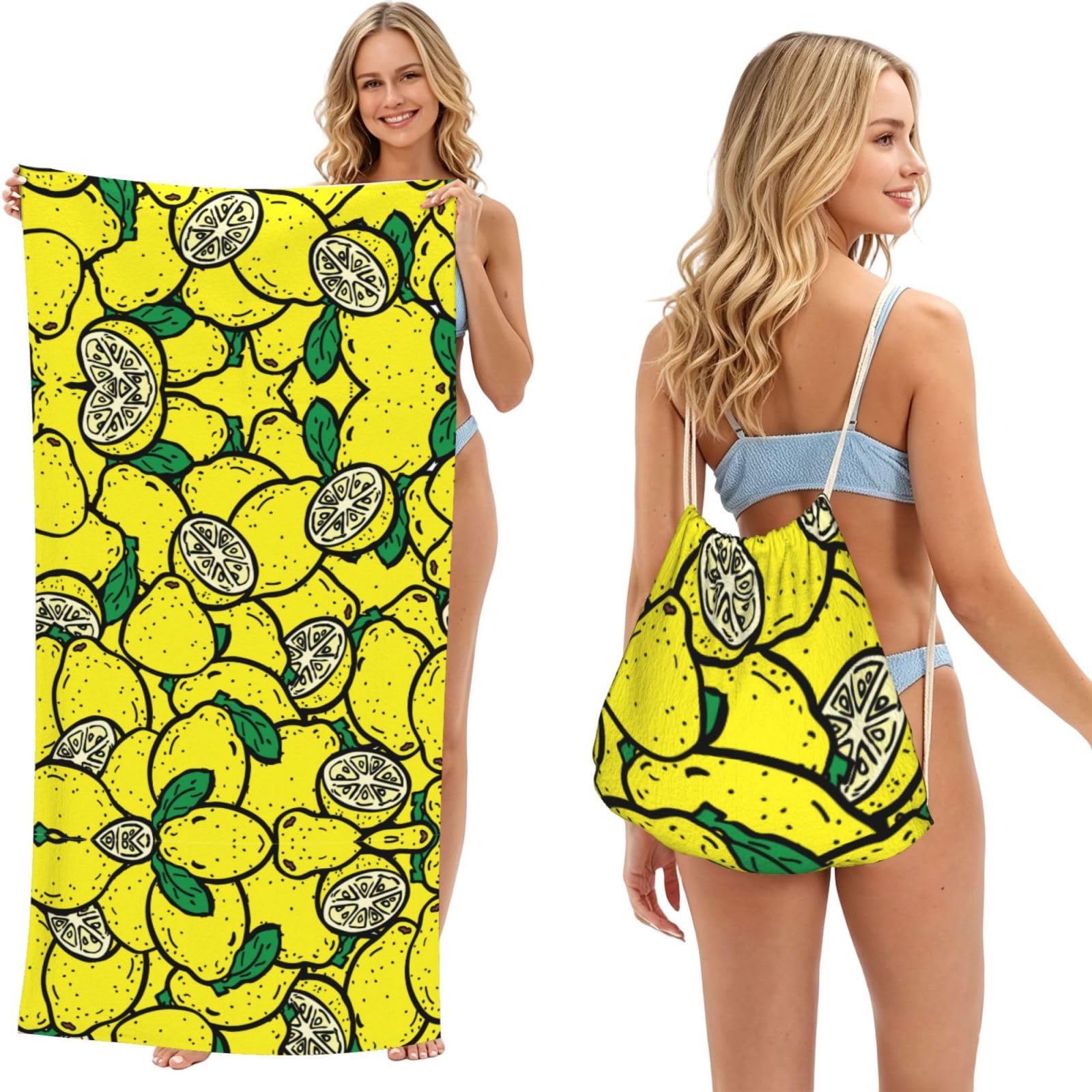 EZDLOWVBA Yellow Lemon Print Beach Towel Backpack 2 In 1 Summer Large Lightweight Beach Towel - Multifunctional Ship Pattern Towel Bag For Storage,Sport