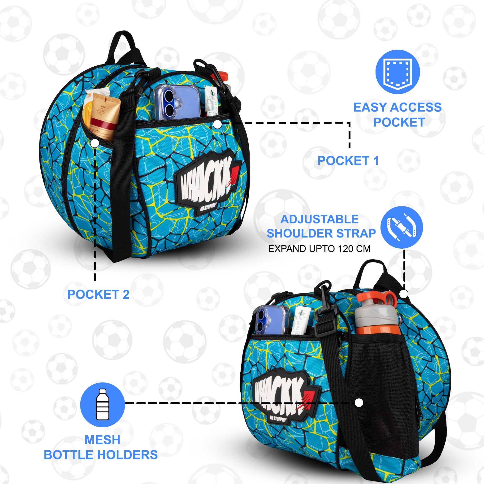 WHACKK Bolsas de equipo de fútbol de ataque, bolsas de baloncesto y voleibol, mochila con correa ajustable, bolsillos de fácil acceso, soportes para botellas de malla, bolsa de pelota, bolsa de kit