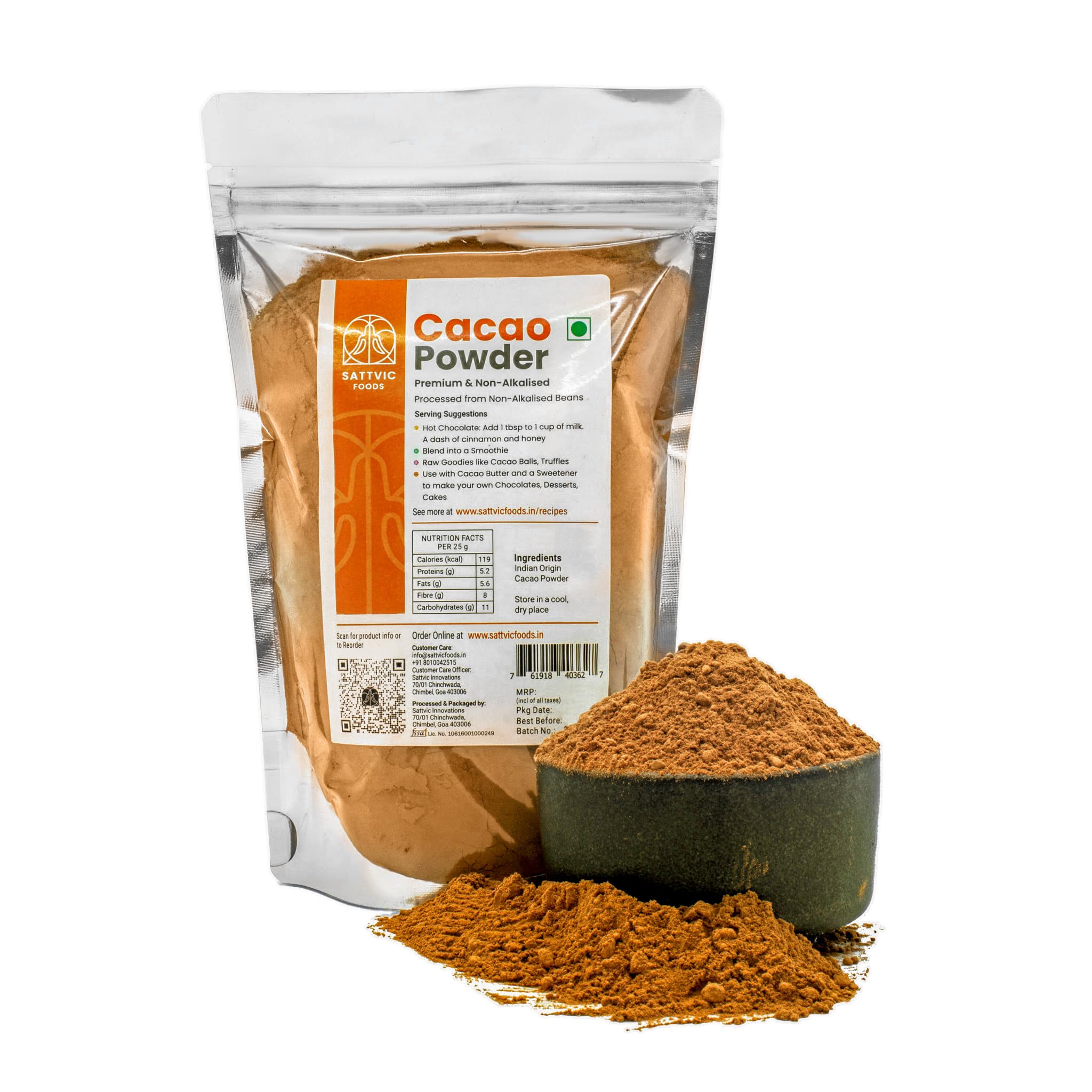 Sattvic Foods Artisanal Cacao Powder (600 g) Produced from Non-Alkalized Cacao beans | Unsweetened | Sourced from Kerala | High in Antioxidants | Use in Baking, Smoothies, Truffles