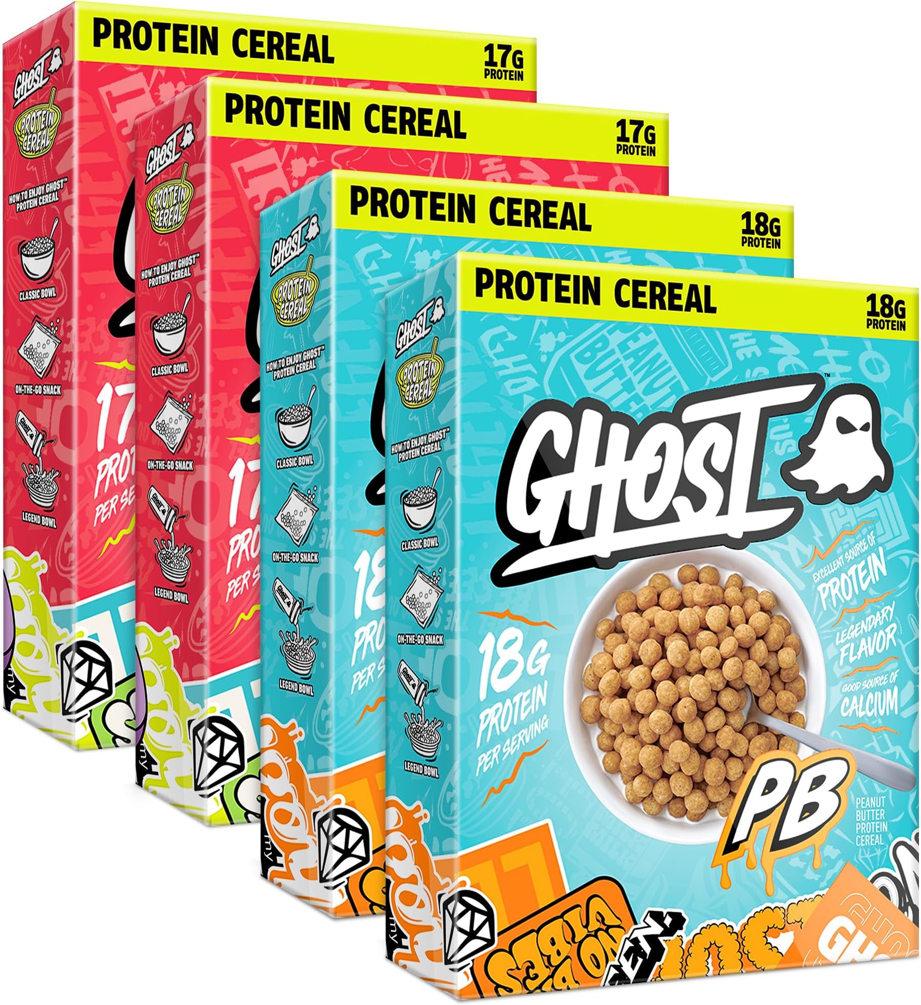 GHOST Protein Cereal, Variety Pack in Marshmallow with Lucky Charms Marshmallows & Peanut Butter (4-Pack) - 17G Protein & Good Source of Calcium - Protein Breakfast Cereal & Snack