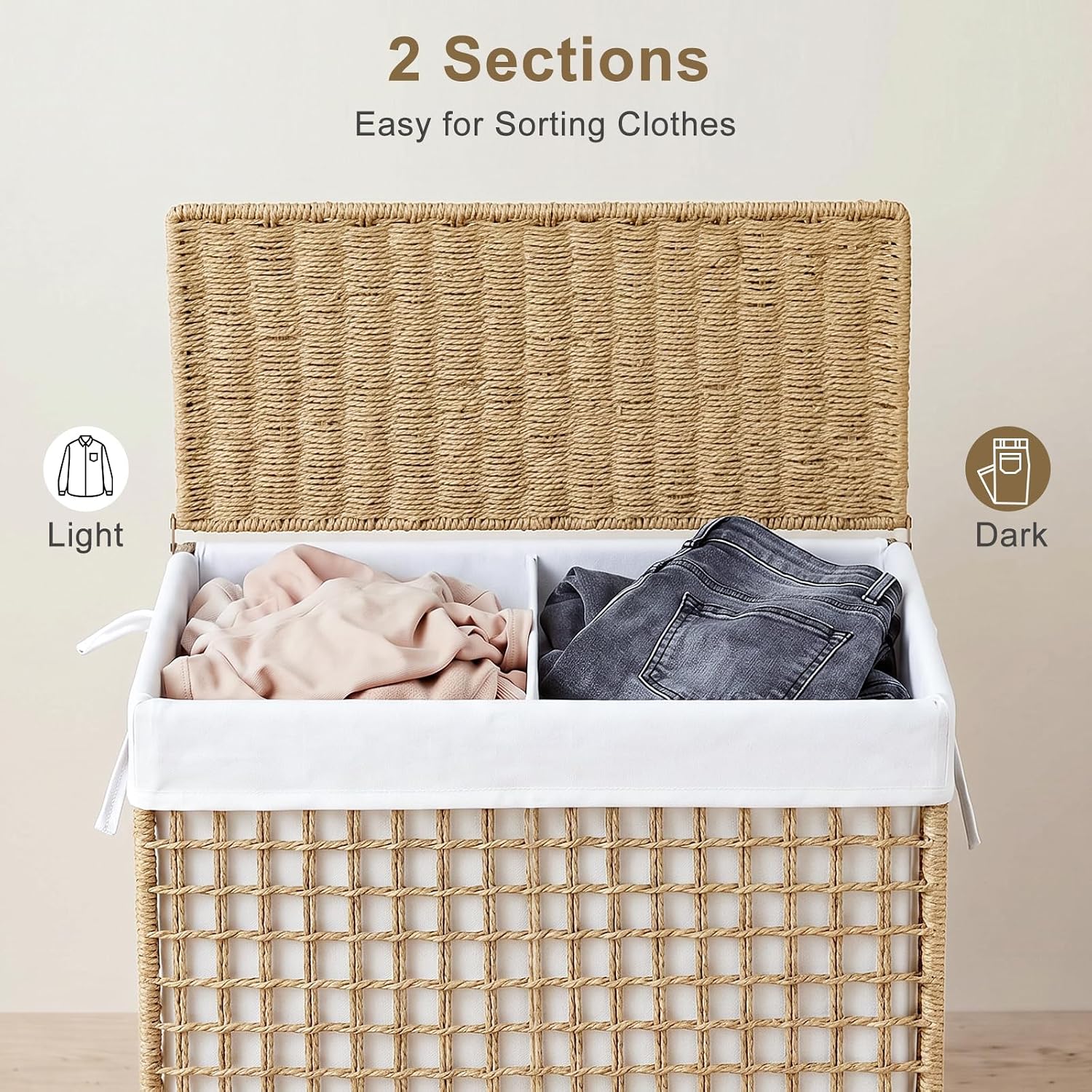 Double Laundry Hamper with Lid & 4 Wood Feet,120L Handwoven Laundry Basket