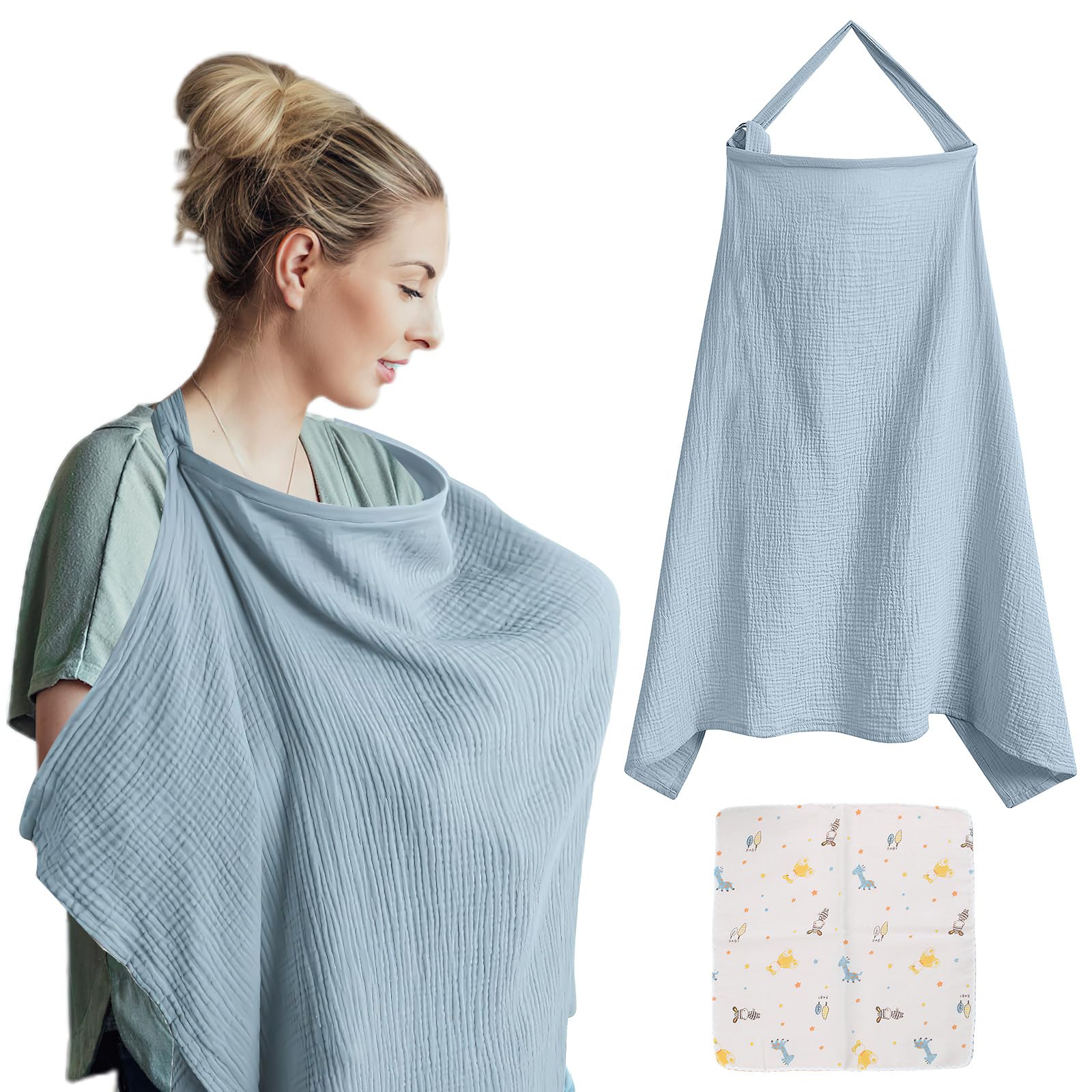VEGCOO Manta Lactancia para Bebé, Mantas de Lactancia, Delantal Lactancia Bebe y Toalla de Saliva, Caché Lactancia Bufanda para Mamás, Algodón Suave Transpirable Ajustable (azul)