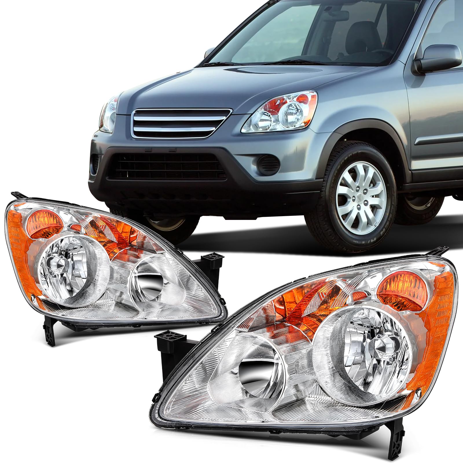 SCITOO Headlight Assembly Fits For HONDA CR-V 2005-2006 Headlamps Replacement For 05 06 HONDA CR-V in Chrome Housing Amber Reflector Clear Lens Driver &amp; Passenger Side