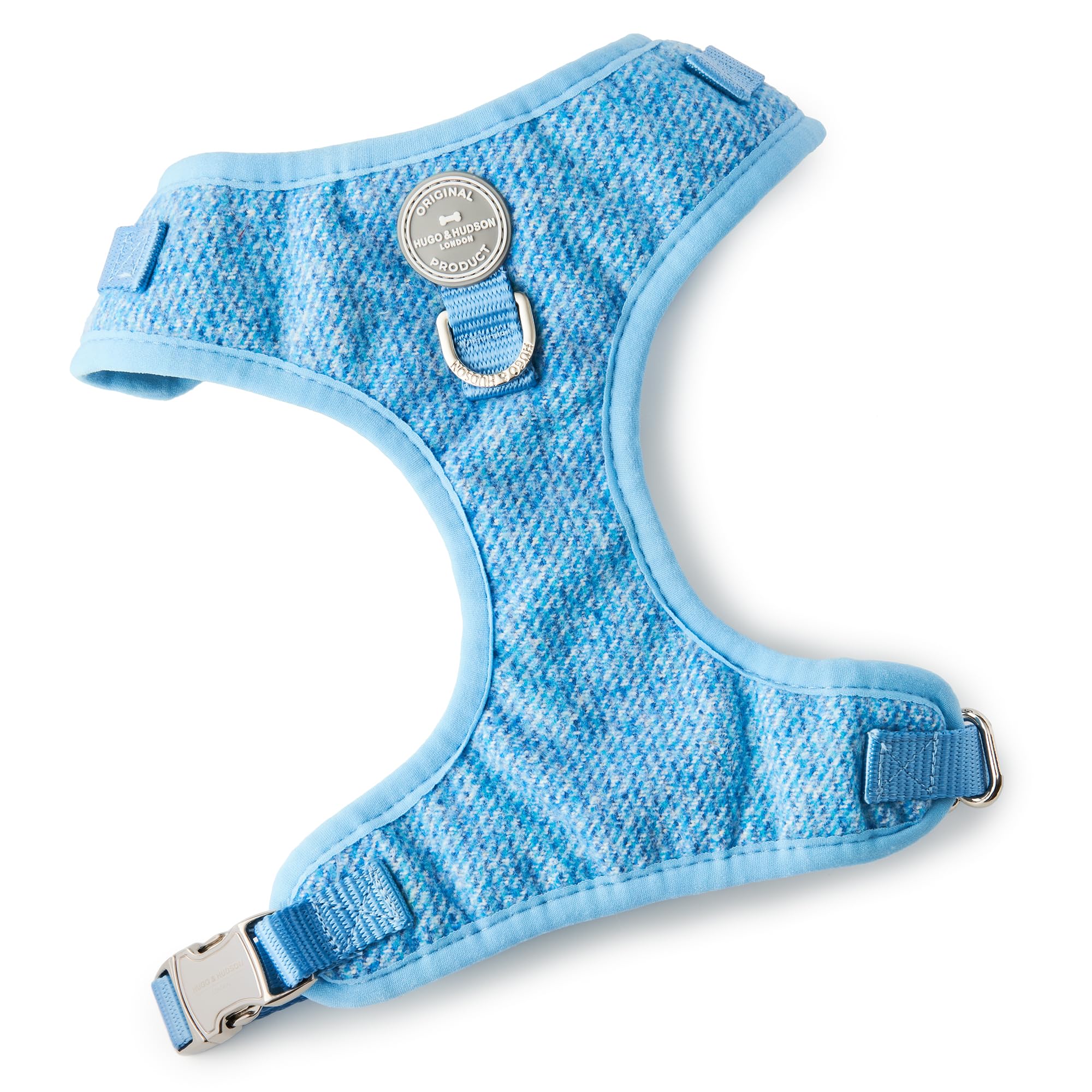 HUGO & HUDSON Tweed Dog Harness Adjustable Soft Padded No Pull Pet Vest with 2 Leads Clips, Blue, XS