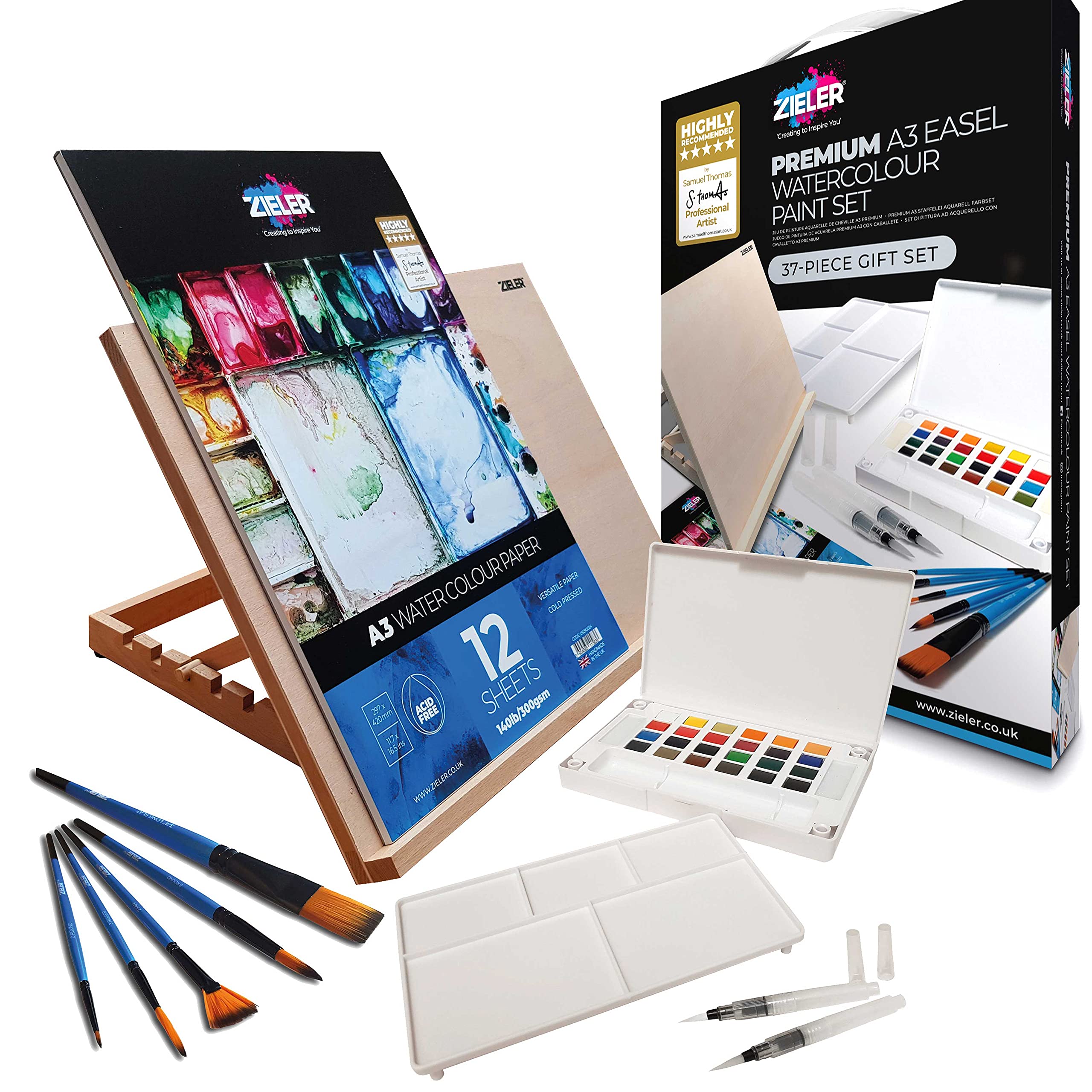 Artists Premium Watercolour Gift Set Bundle - by Zieler® - A3 Table Top Easel, 24 Half Pan Watercolour Paint Set, 5 Fine Taklon Watercolour Brushes & A3 Watercolour Pad (300gsm)