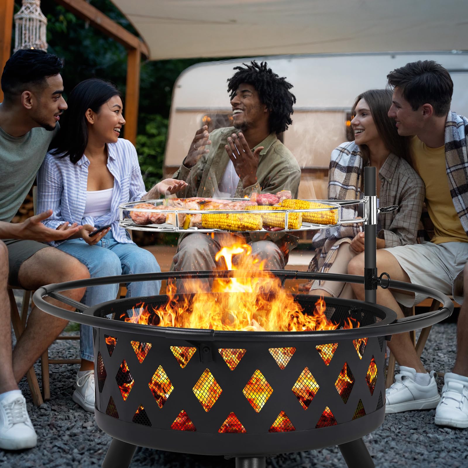 TLSUNNY Feuerschale mit Drehbarem Grillrost, Feuerschalen für den Garten | Ø 76cm Feuerkorb mit Funkenschutz und Schürhaken, 3PCS Beine, Multifunktional BBQ Feuerstelle Outdoor, Zum Grillen und Heizen