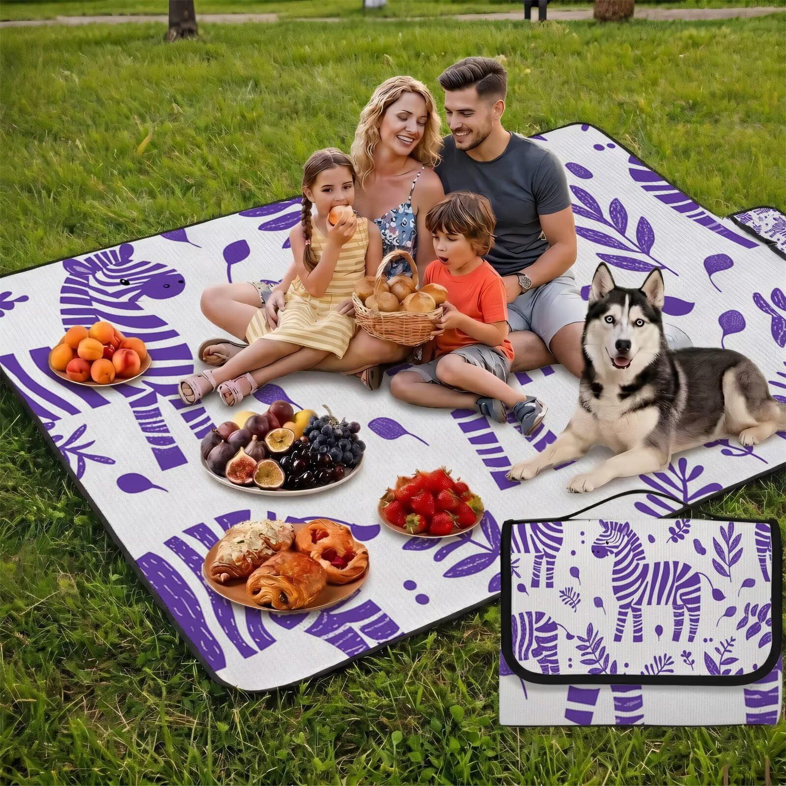 Couverture Pique Nique Grande 200x300cm,Outdoor Couverture Imperméable,Pliable Tapis de Plage Dos en PVC,Picnic Blanket pour Camping Accessoires,Jardin,Parc,Famille - Les zèbres sont Mignons. UZ-125