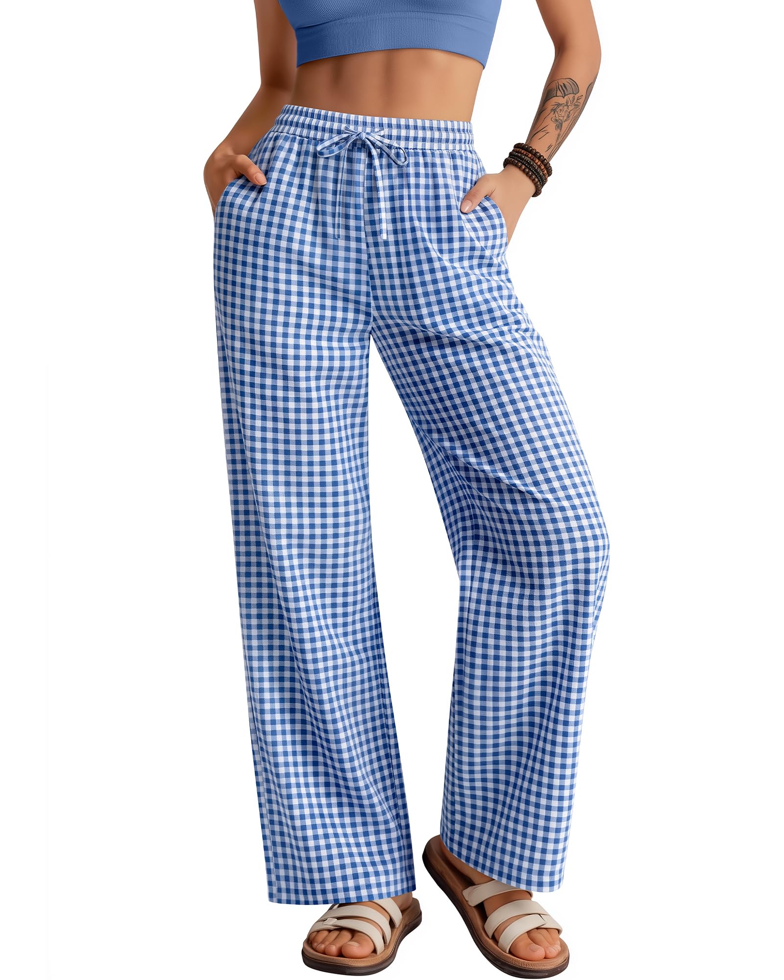 Pantalon de pyjama à carreaux avec cordon de serrage pour femme coupe large en coton