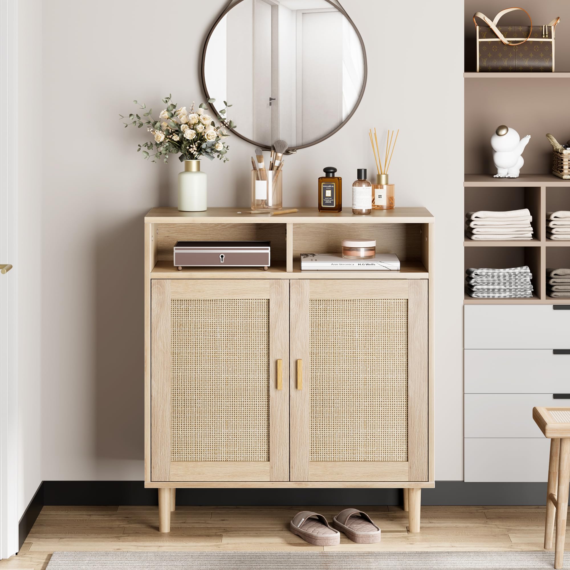 Zstar Aparador de ratán, Mueble de almacenaje Bohemio con estantes, Mueble Bar/credenza de Estilo rústico con 2 Puertas y 2 Compartimentos para salón, recibidor y Cocina.