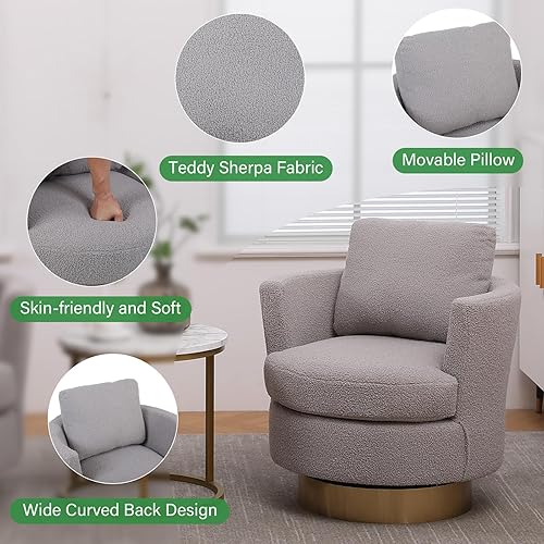Miniatura 4 de ODUWA Sillas giratorias de barril, moderna silla redonda de sherpa con base de acero inoxidable dorada, cómoda silla giratoria de 360 grados para