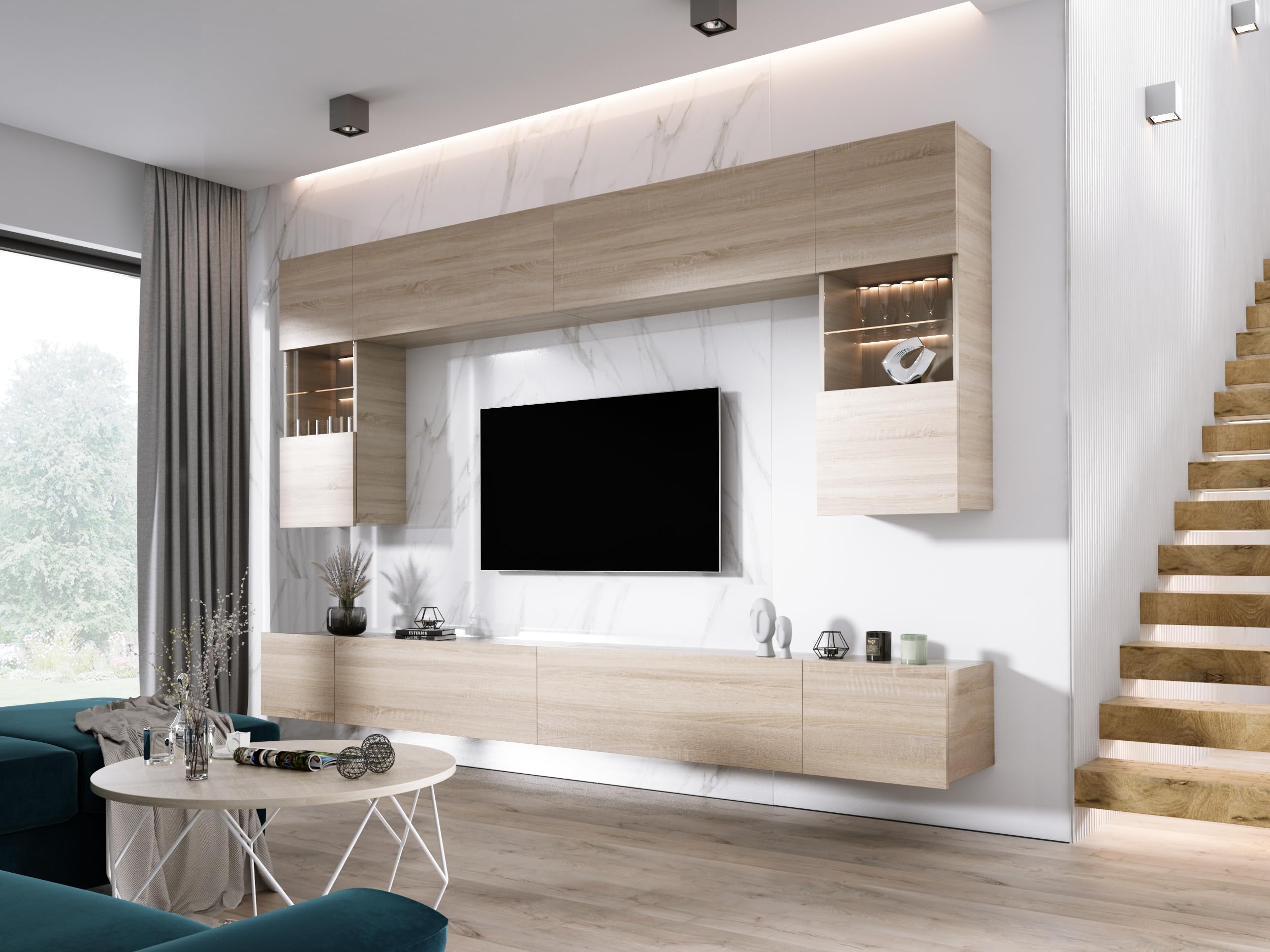 3xE Living Wohnwand Sonoma Eiche Medienwand Design Modern MDF Hochglanz, Wohnzimmer Möbel, Wohnwand Wohnzimmer