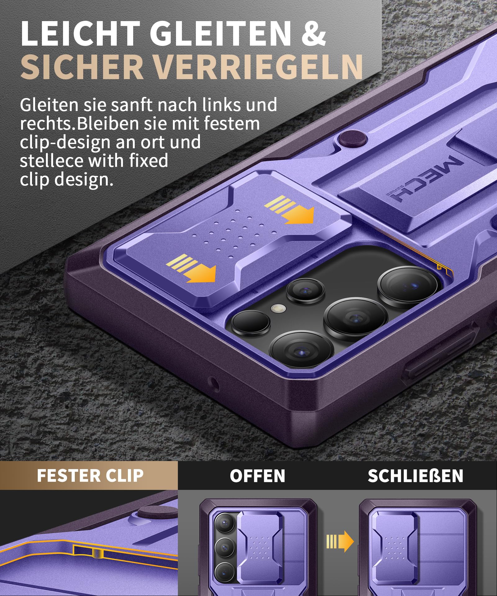Tongate für Samsung Galaxy S23 Ultra Hülle, [Schiebekamera-Abdeckung & Bildschirmschutz] [2 vordere Rahmen] Militärstandard Stoßfeste S23 Ultra Handyhülle mit Kickstand & Gürtelclip 6,8 Zoll, Lila