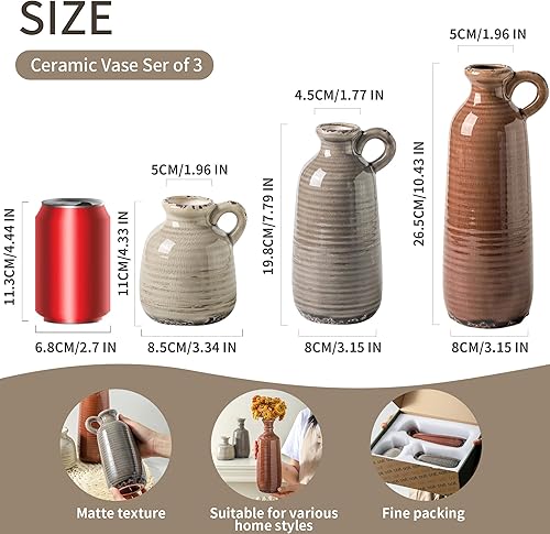 Miniatura 2 de Juego de 3 jarrones de cerámica, jarrón rústico neutro con asa, floreros decorativos para decoración del hogar, jarrón moderno y bohemio de pampass