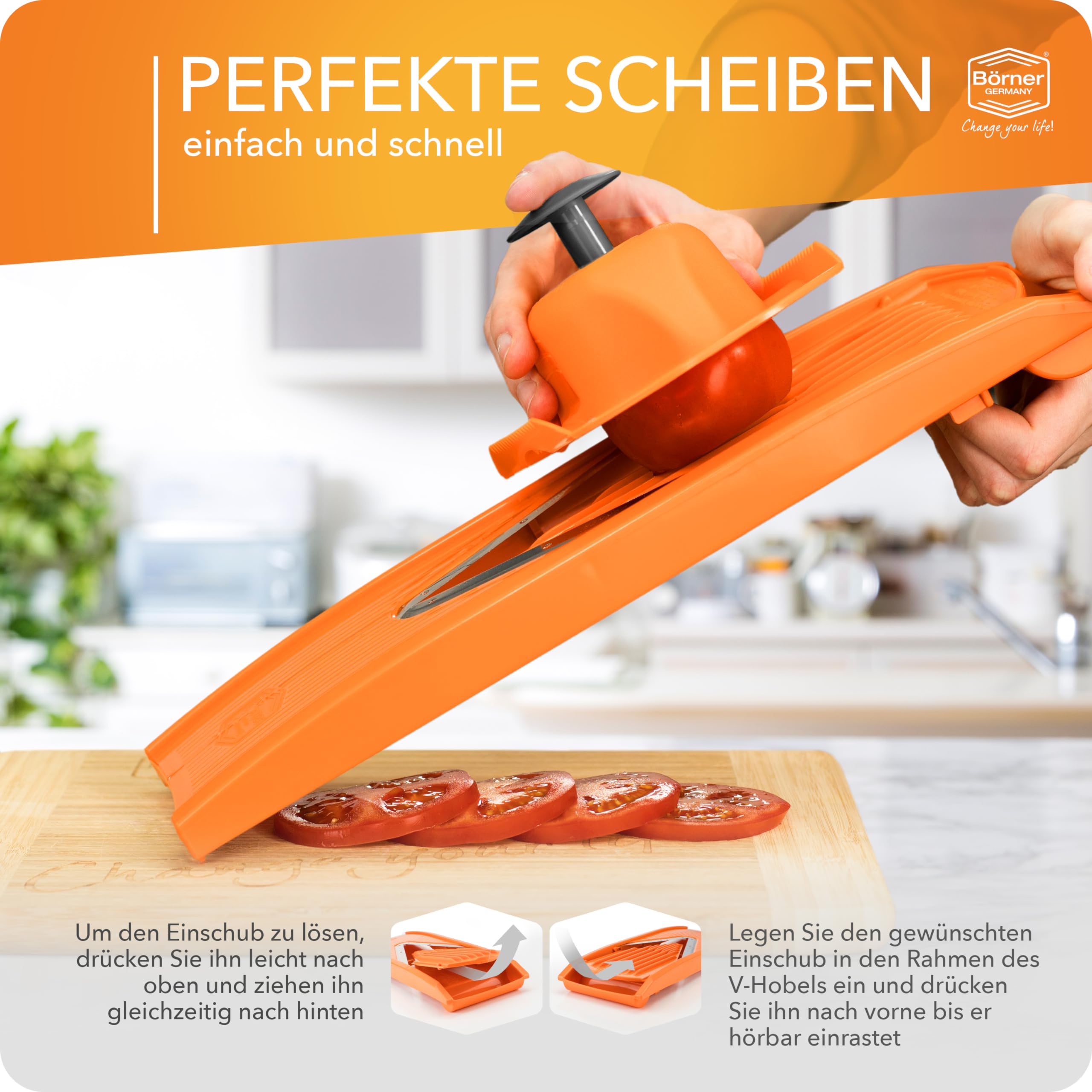Börner Gemüsehobel V1 (Starter Set) • V-Hobel mit 4 Einsätzen & Fruchthalter • Verstellbarer Hobel für Gemüse & Obst • Gemüseschneider für Scheiben, Streifen & Würfel • Farbe: Orange