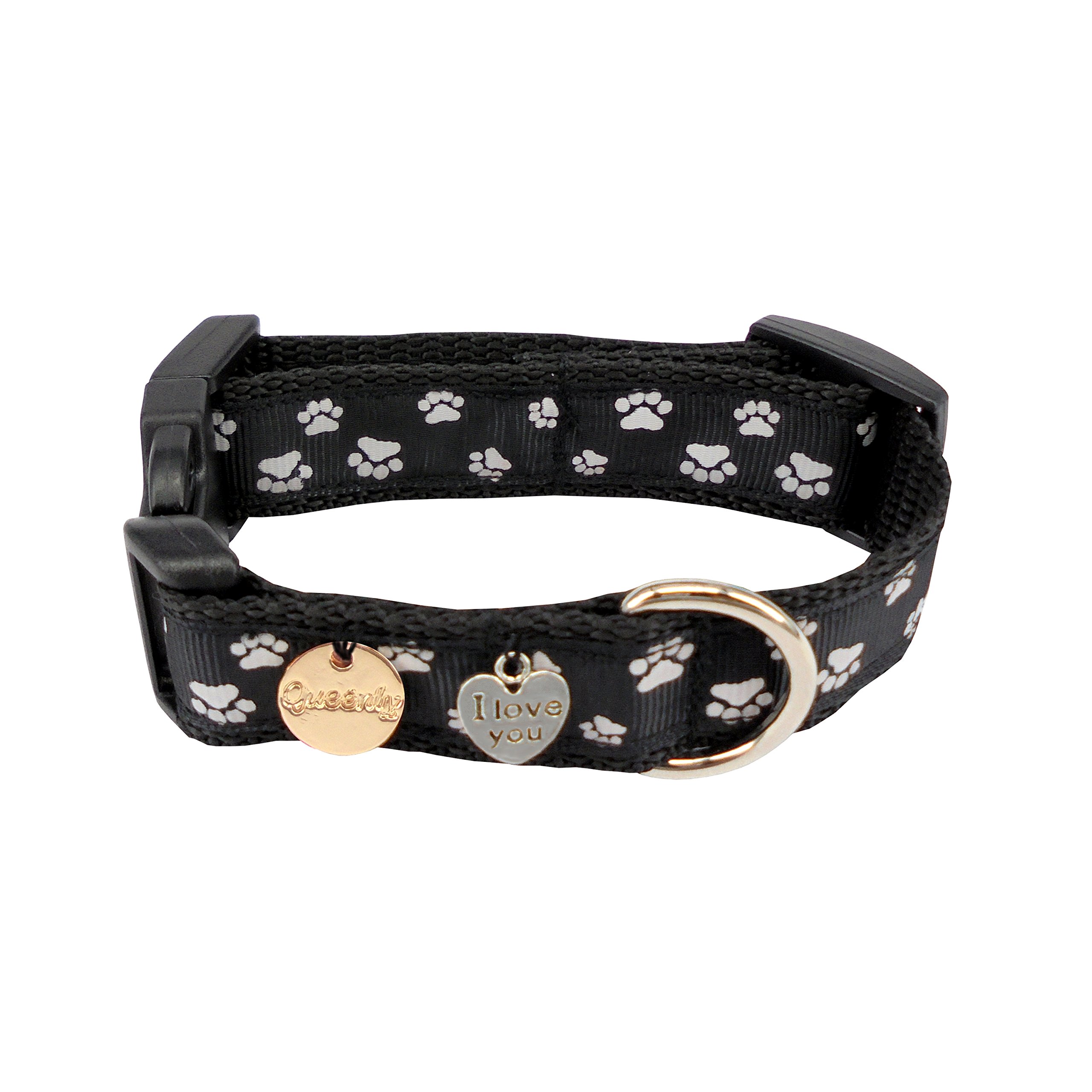 Queenly 4260466961512 Dog Collar with Paw Prints, M, Black