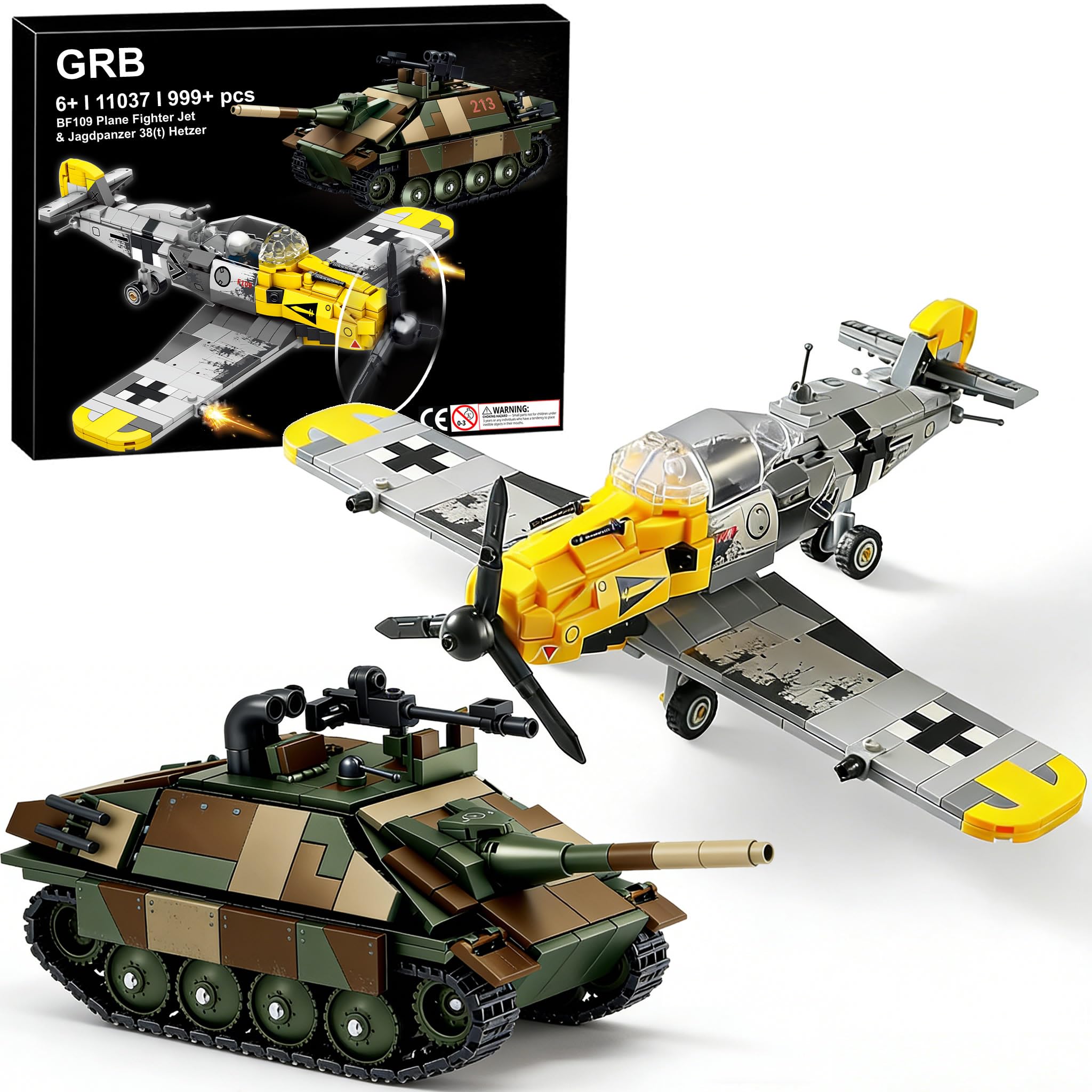 WW2 Military Toys Building Block Sets, Create a BF109 Plane Fighter Jet & a Jagdpanzer 38(t) Hetzer, Great WWII Army Airplane Tank Toy for Boys Kids and Teens Age 6-14