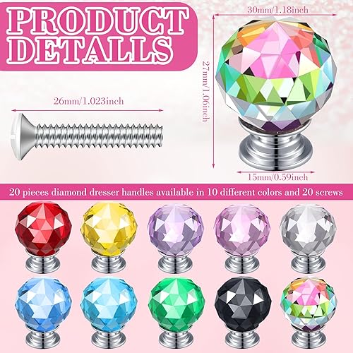 Miniatura 3 de Jetec 20 piezas de tiradores de cajones de cristal, pomos de gabinete de 30 mm, pomos de cómoda en forma de diamante para cómodas, cajones, armario